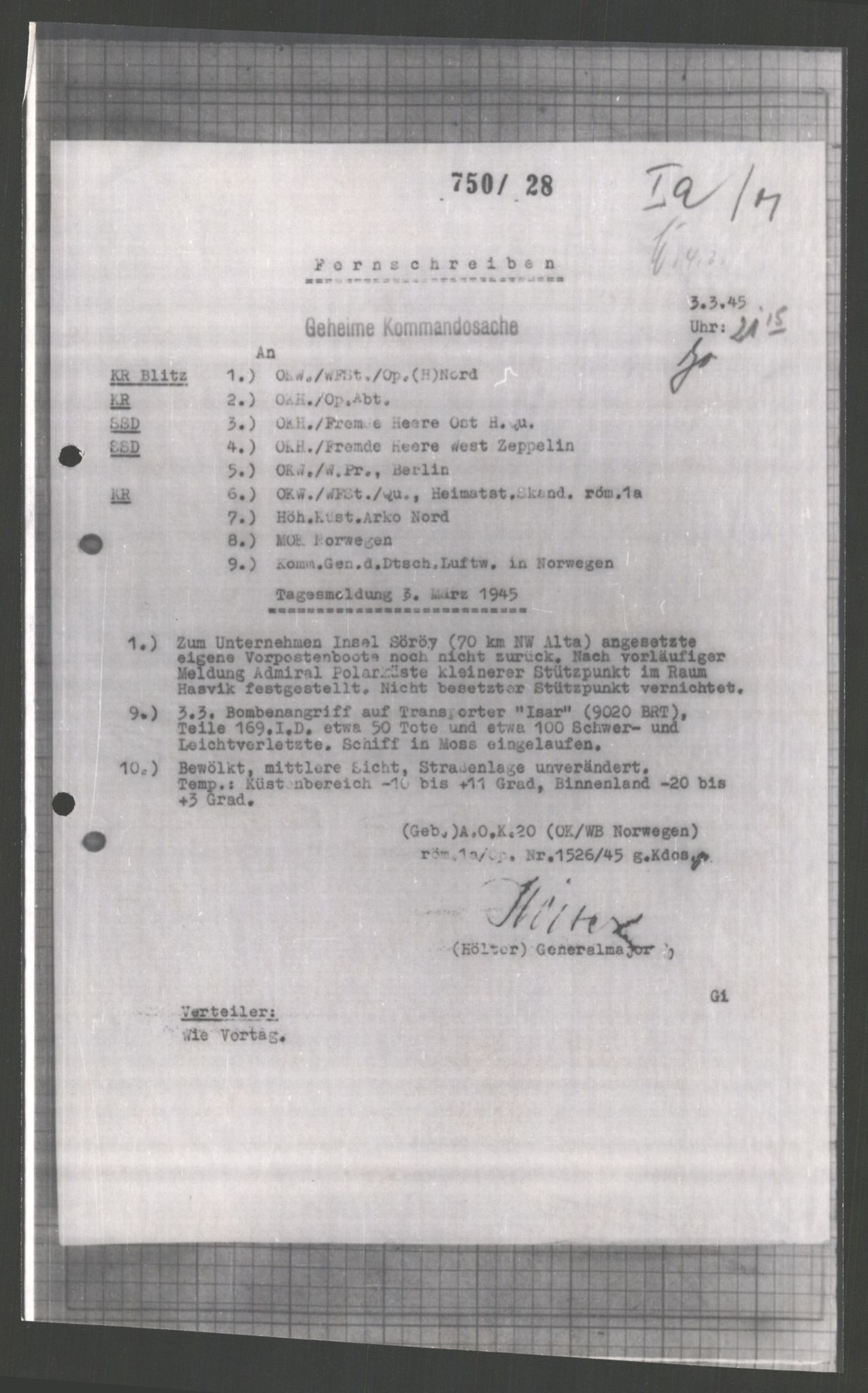 Forsvarets Overkommando. 2 kontor. Arkiv 11.4. Spredte tyske arkivsaker, AV/RA-RAFA-7031/D/Dar/Dara/L0003: Krigsdagbøker for 20. Gebirgs-Armee-Oberkommando (AOK 20), 1945, p. 409