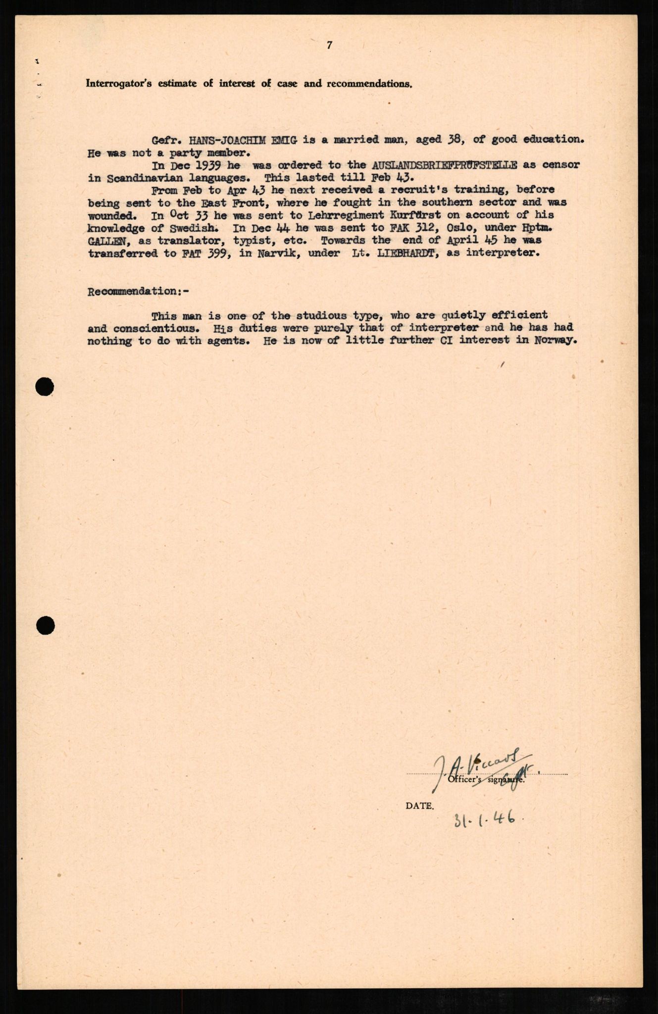 Forsvaret, Forsvarets overkommando II, RA/RAFA-3915/D/Db/L0007: CI Questionaires. Tyske okkupasjonsstyrker i Norge. Tyskere., 1945-1946, p. 165