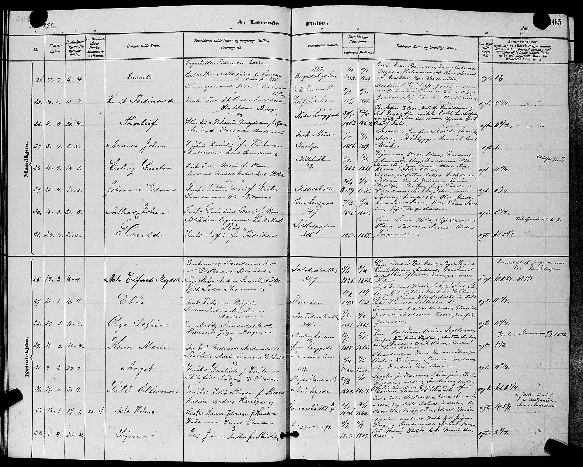 Tønsberg kirkebøker, SAKO/A-330/G/Ga/L0006: Parish register (copy) no. 6, 1885-1895, p. 105