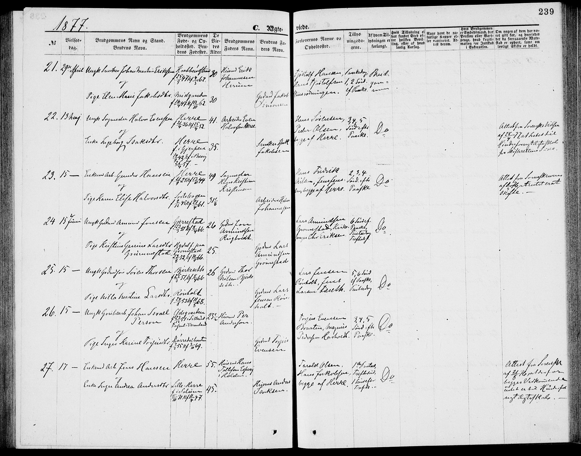 Bamble kirkebøker, AV/SAKO-A-253/G/Ga/L0007: Parish register (copy) no. I 7, 1876-1877, p. 239