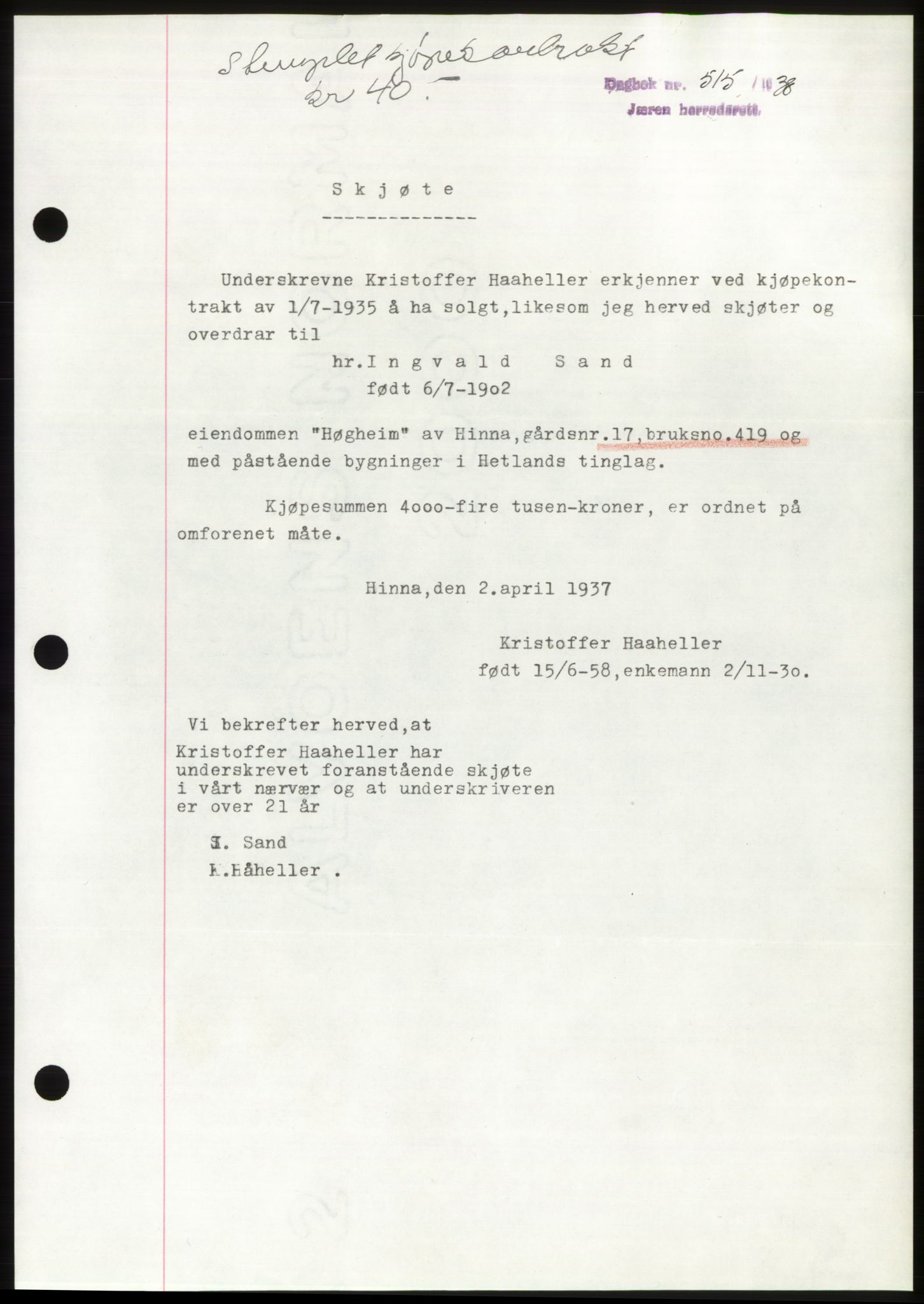 Jæren sorenskriveri, SAST/A-100310/03/G/Gba/L0070: Mortgage book, 1938-1938, Diary no: : 515/1938