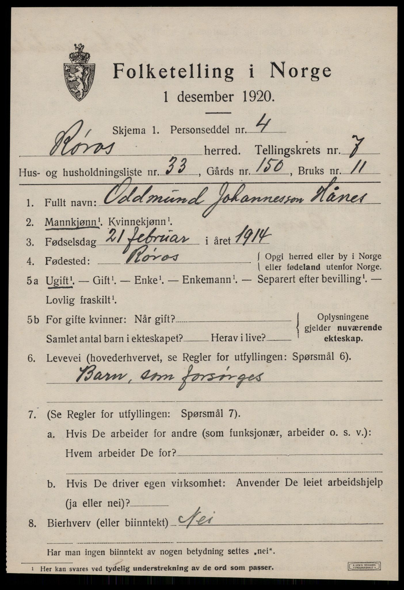 SAT, 1920 census for Røros, 1920, p. 7350