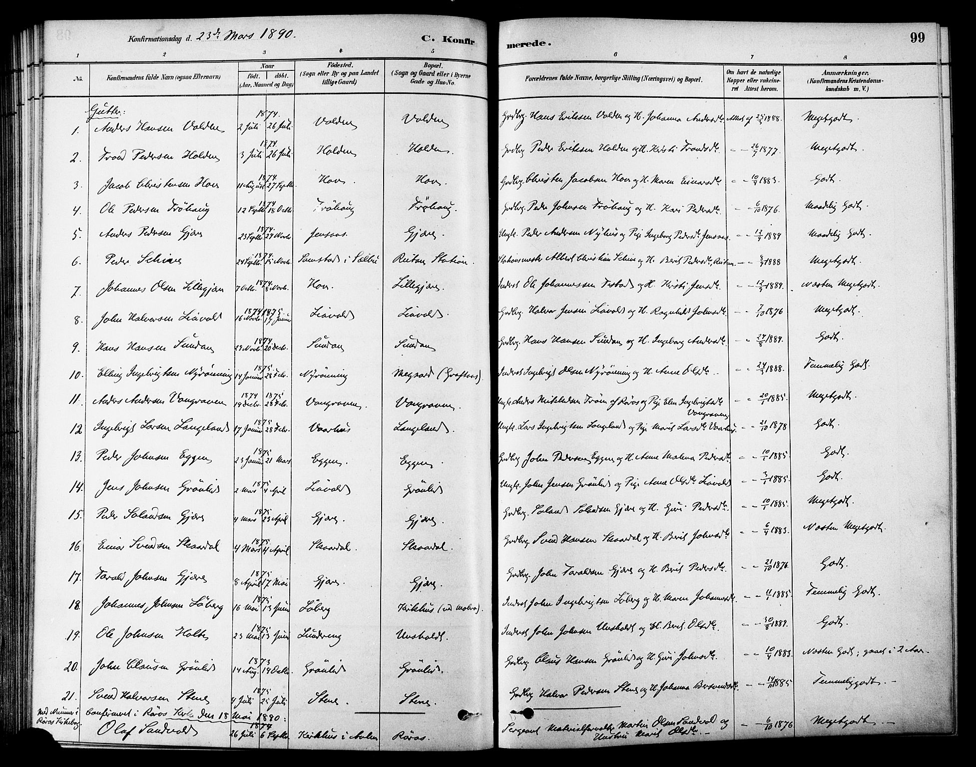 Ministerialprotokoller, klokkerbøker og fødselsregistre - Sør-Trøndelag, SAT/A-1456/686/L0983: Parish register (official) no. 686A01, 1879-1890, p. 99