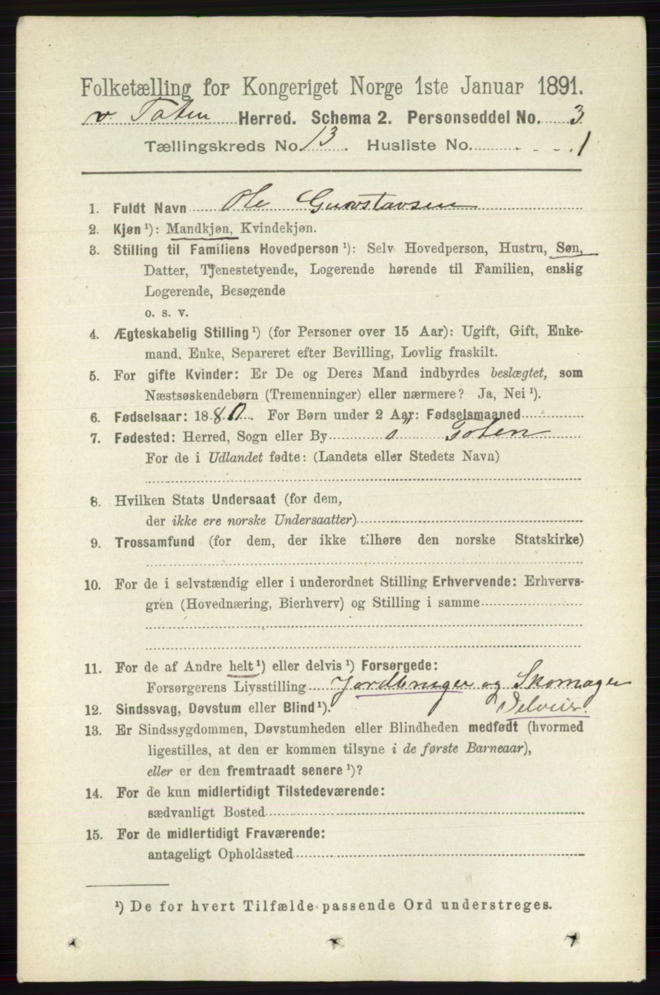 RA, 1891 census for 0529 Vestre Toten, 1891, p. 7816