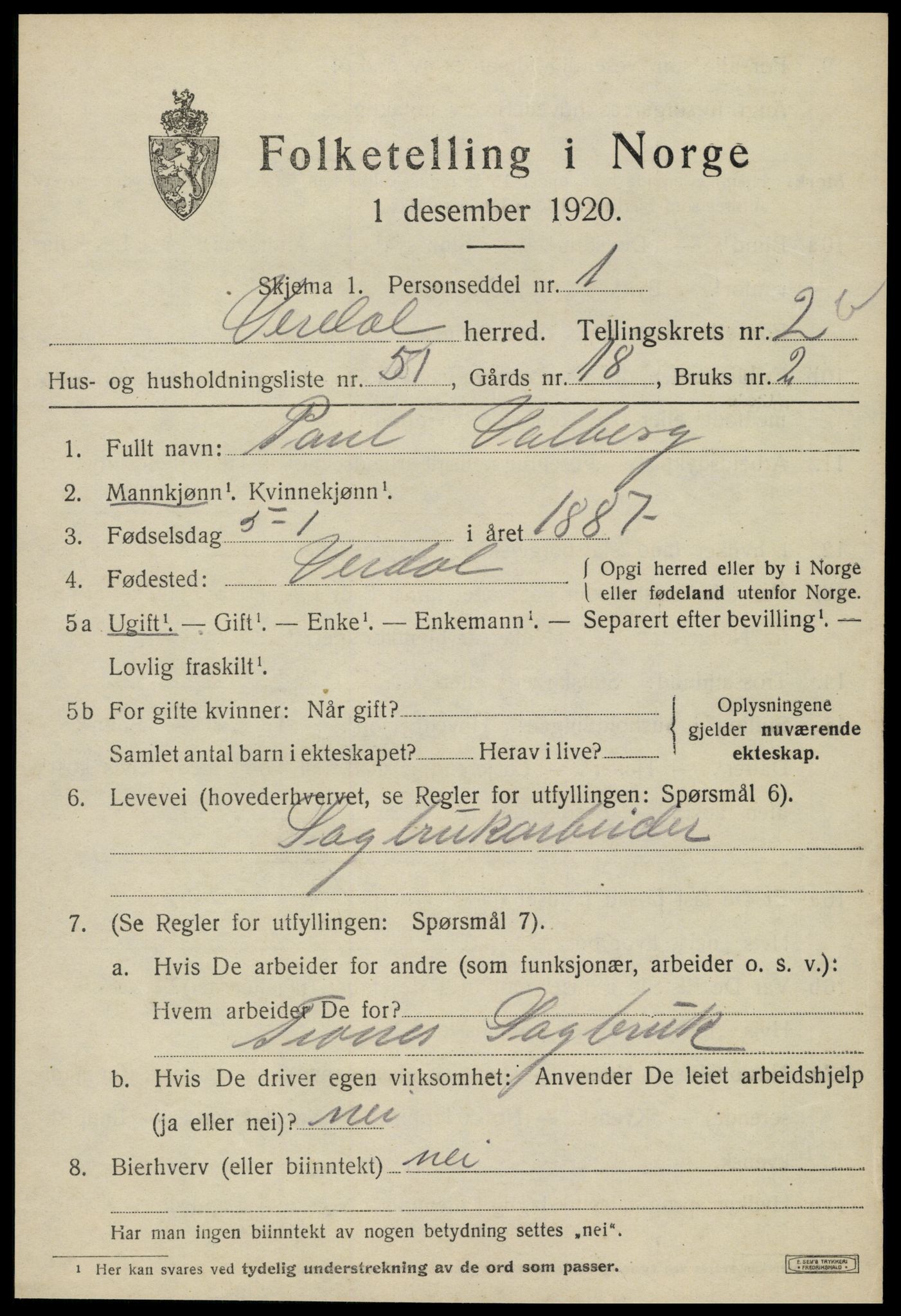 SAT, 1920 census for Verdal, 1920, p. 4725