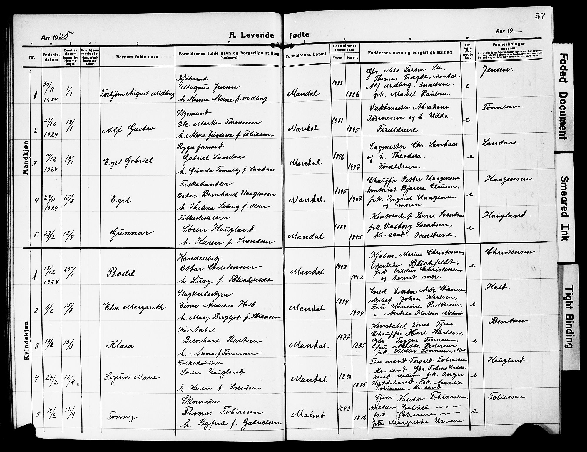 Mandal sokneprestkontor, SAK/1111-0030/F/Fb/Fbc/L0001: Parish register (copy) no. B 1, 1918-1931, p. 57