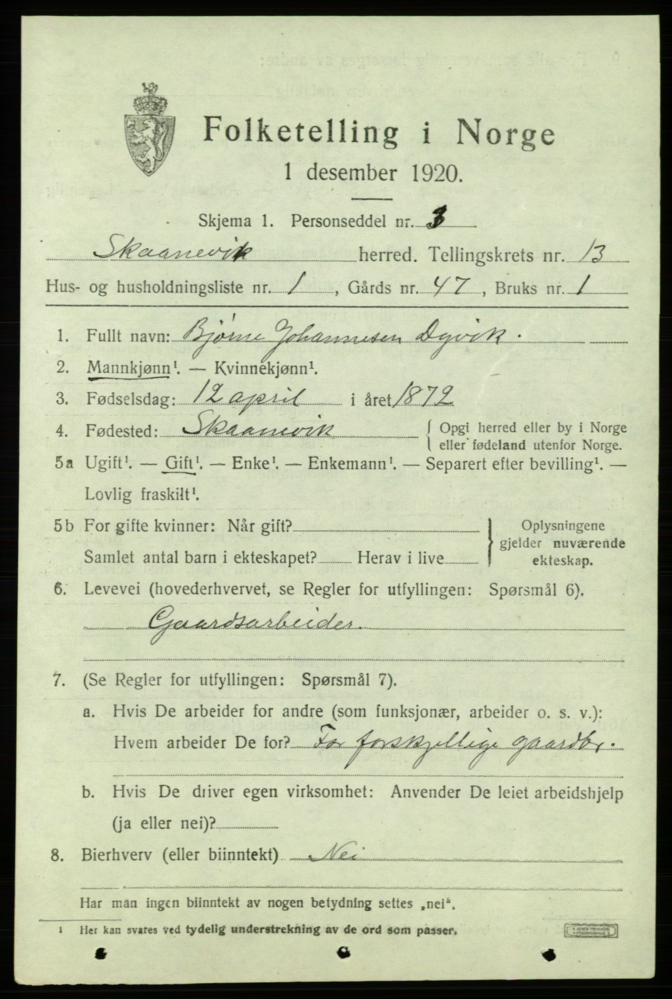 SAB, 1920 census for Skånevik, 1920, p. 5503