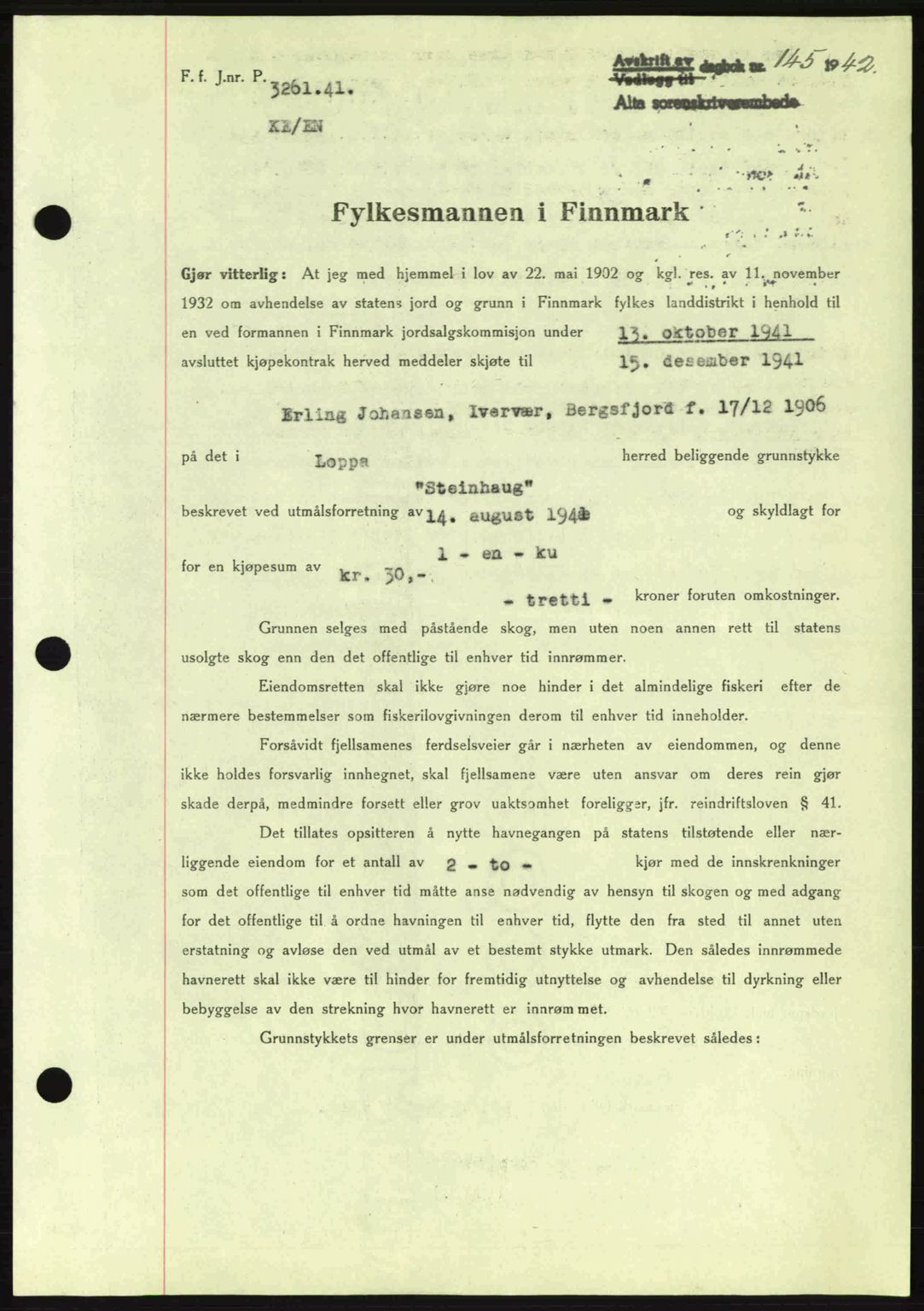 Alta fogderi/sorenskriveri, SATØ/SATØ-5/1/K/Kd/L0033pantebok: Mortgage book no. 33, 1940-1943, Diary no: : 145/1942