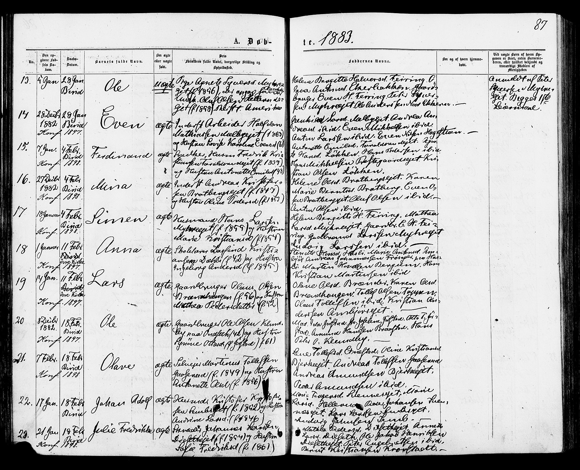 Biri prestekontor, AV/SAH-PREST-096/H/Ha/Haa/L0006: Parish register (official) no. 6, 1877-1886, p. 87