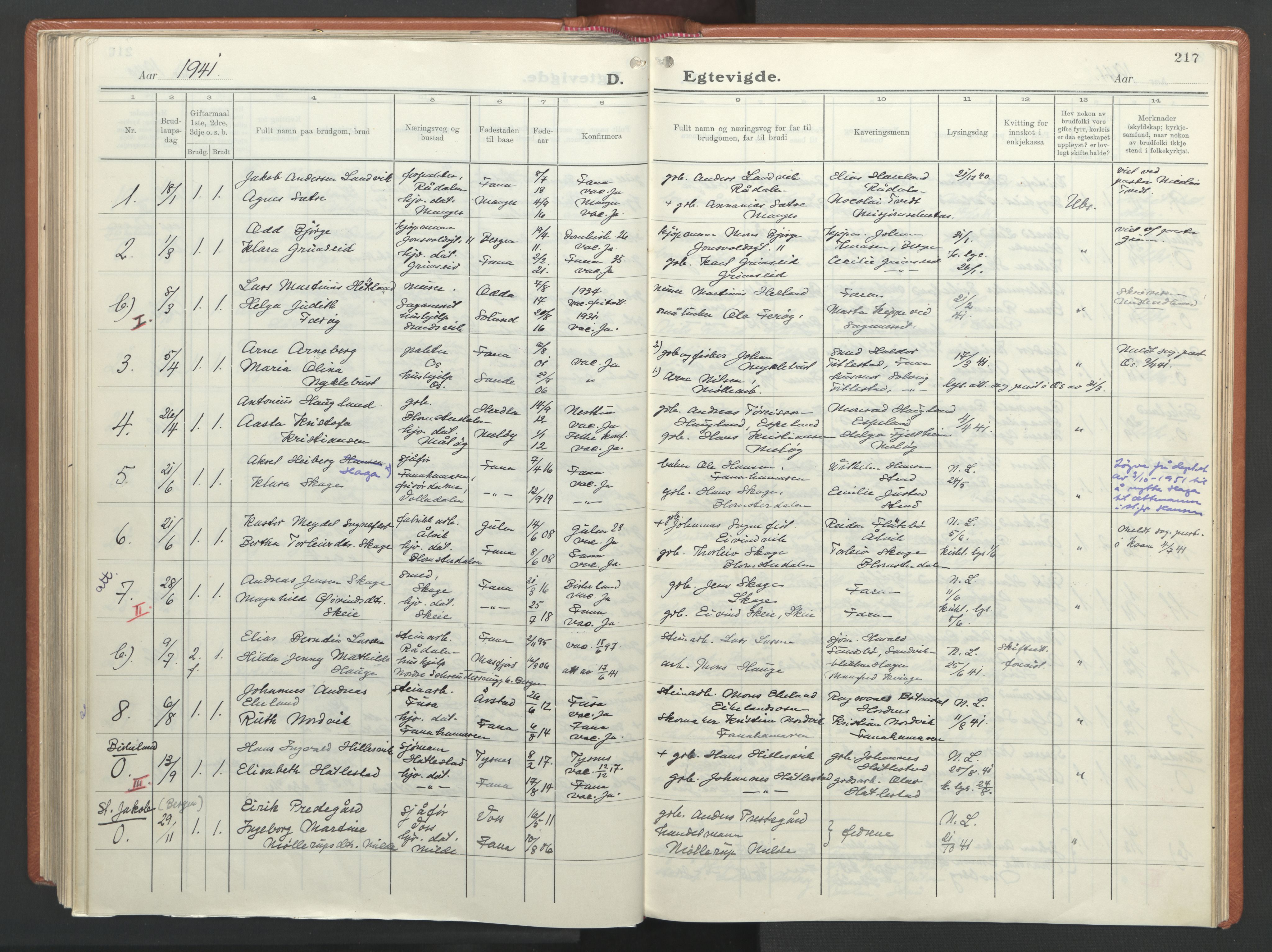 Fana Sokneprestembete, AV/SAB-A-75101/H/Haa/Haab/L0007: Parish register (official) no. B 7, 1934-1947, p. 217