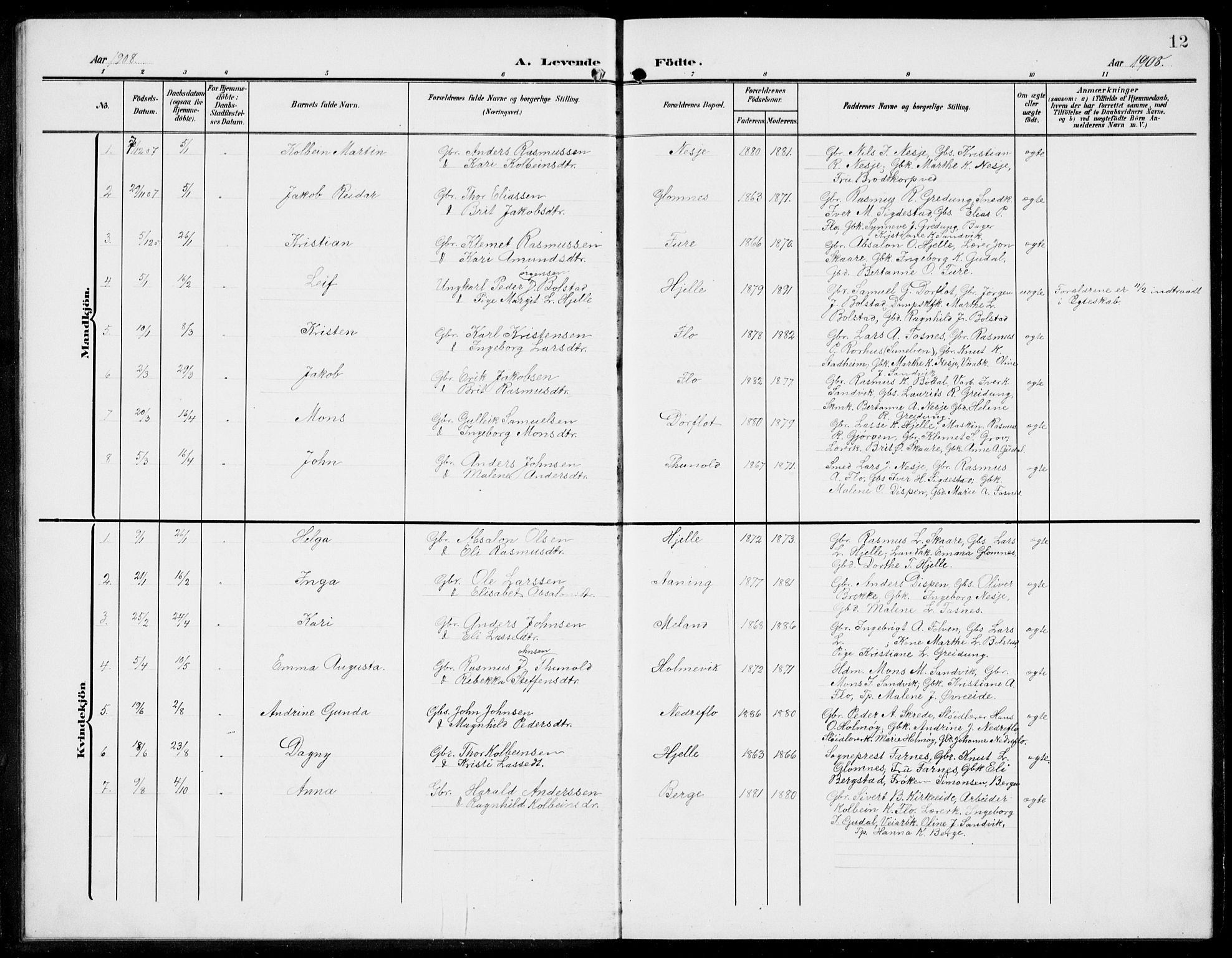 Stryn Sokneprestembete, AV/SAB-A-82501: Parish register (copy) no. C 4, 1905-1936, p. 12