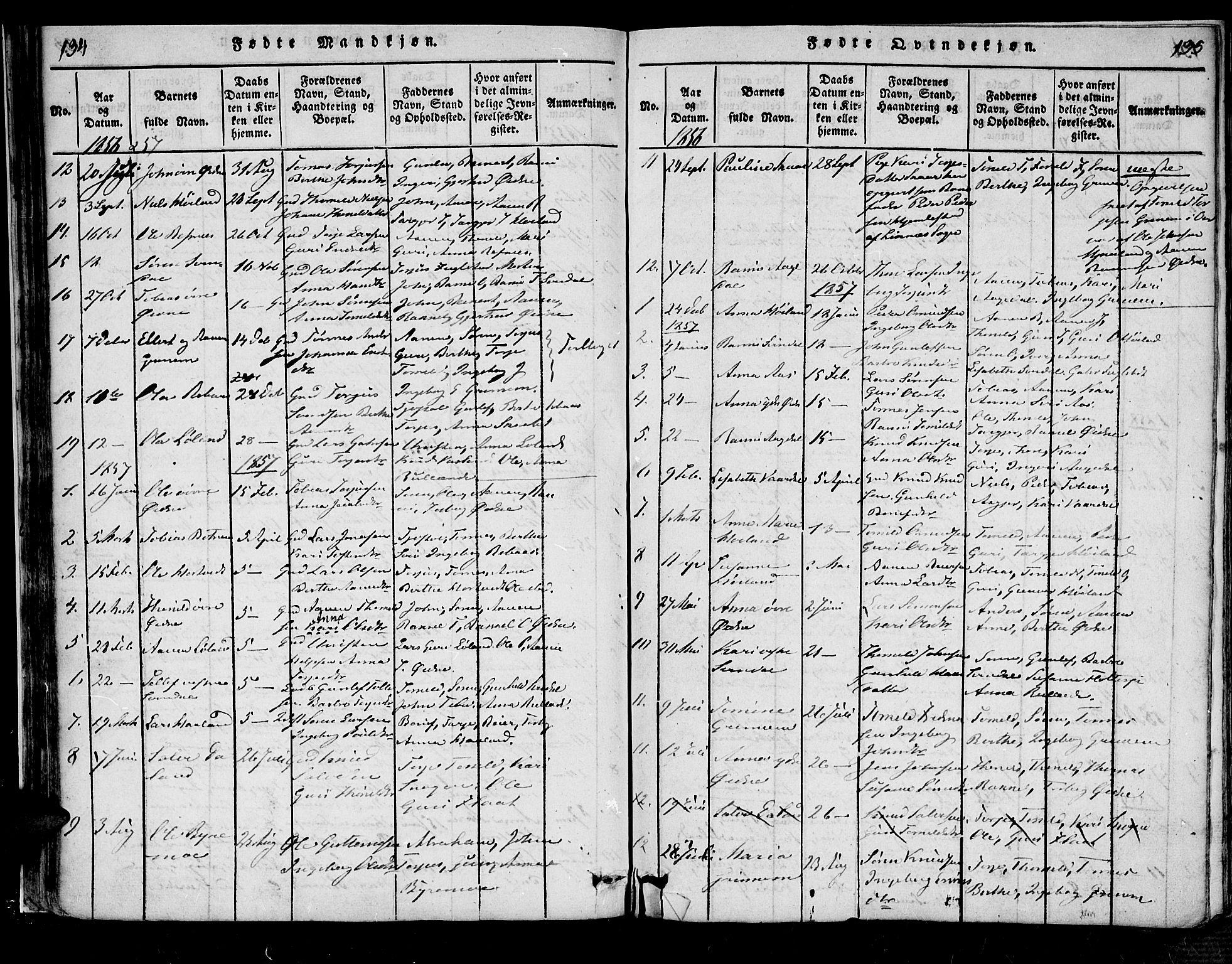 Bjelland sokneprestkontor, SAK/1111-0005/F/Fa/Fac/L0001: Parish register (official) no. A 1, 1815-1866, p. 134-135