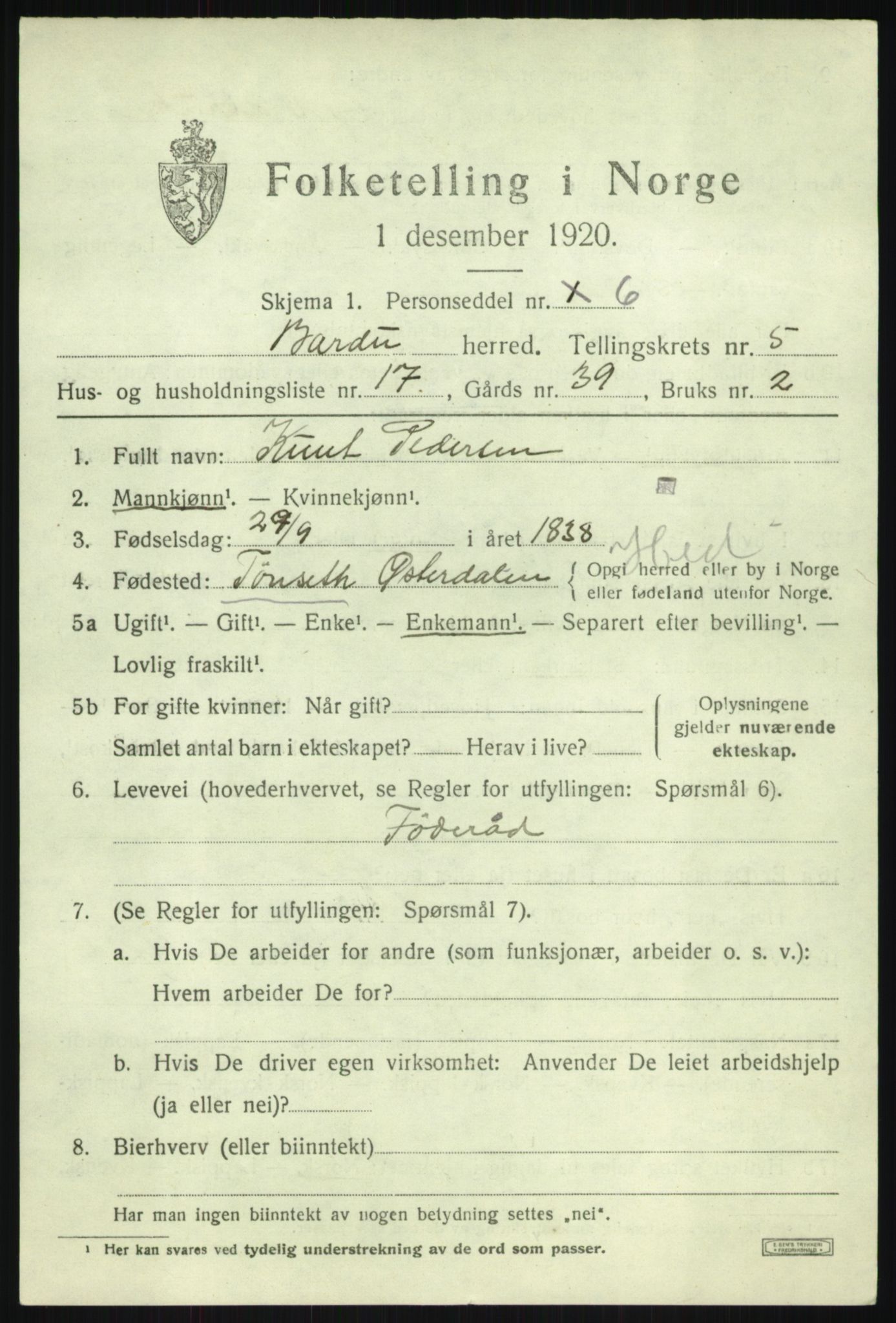 SATØ, 1920 census for Bardu, 1920, p. 2365