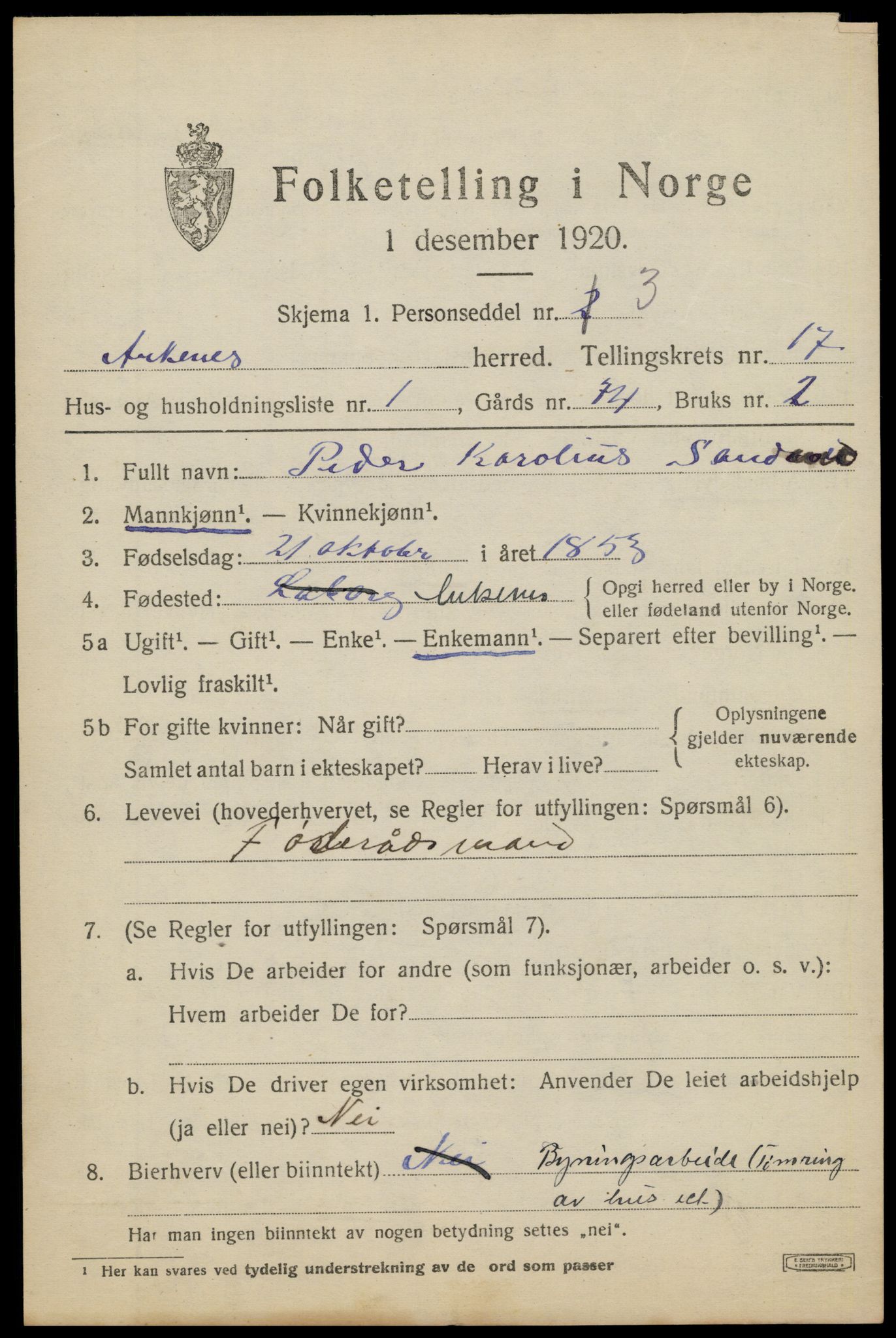 SAT, 1920 census for Ankenes, 1920, p. 7779