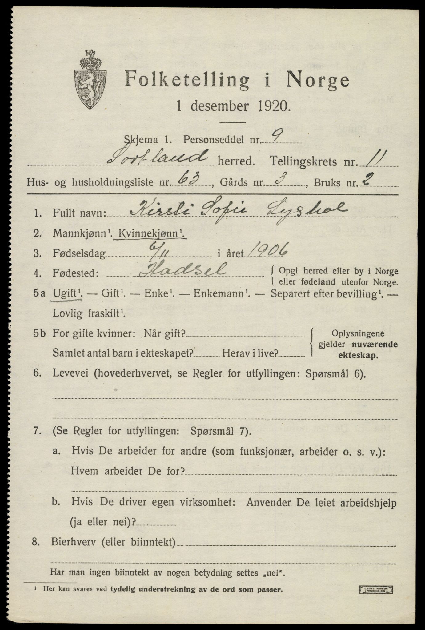 SAT, 1920 census for Sortland, 1920, p. 8952