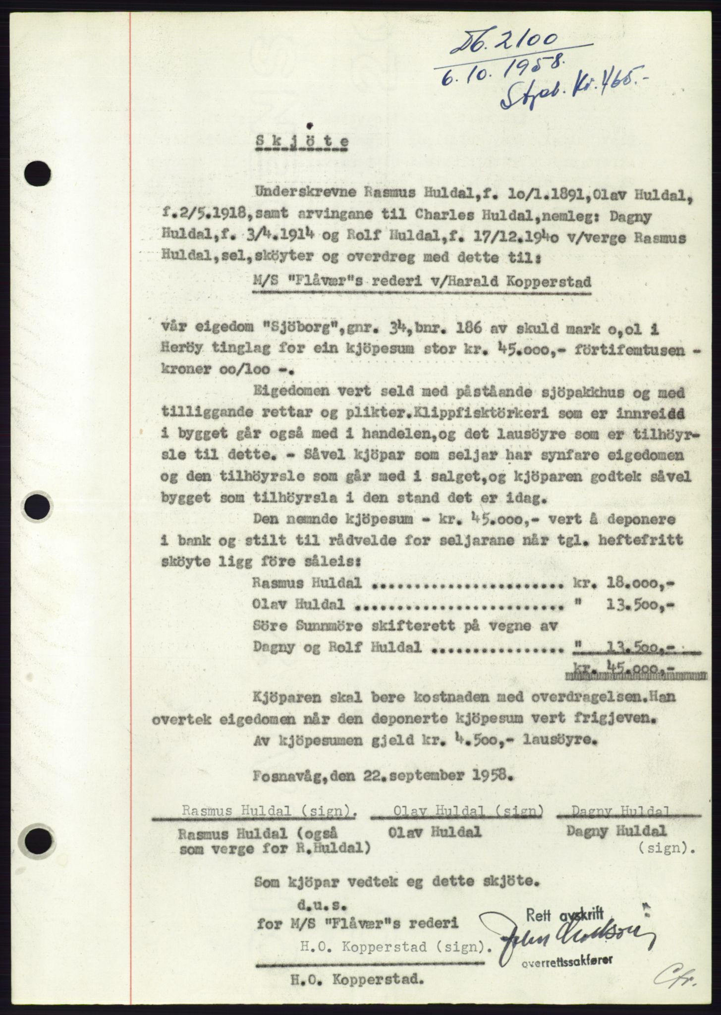 Søre Sunnmøre sorenskriveri, AV/SAT-A-4122/1/2/2C/L0110: Mortgage book no. 36A, 1958-1958, Diary no: : 2100/1958