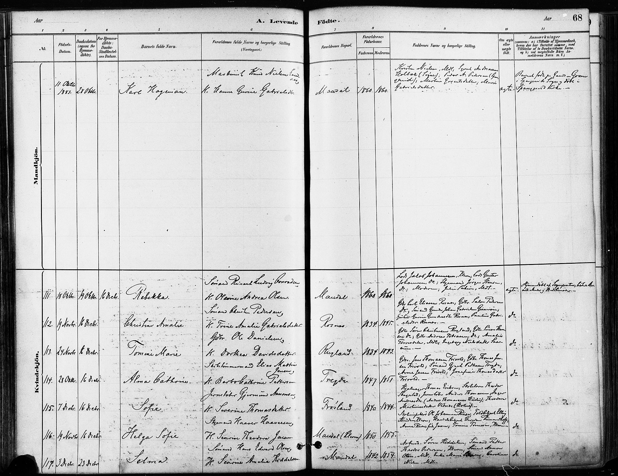 Mandal sokneprestkontor, AV/SAK-1111-0030/F/Fa/Faa/L0016: Parish register (official) no. A 16, 1880-1890, p. 68