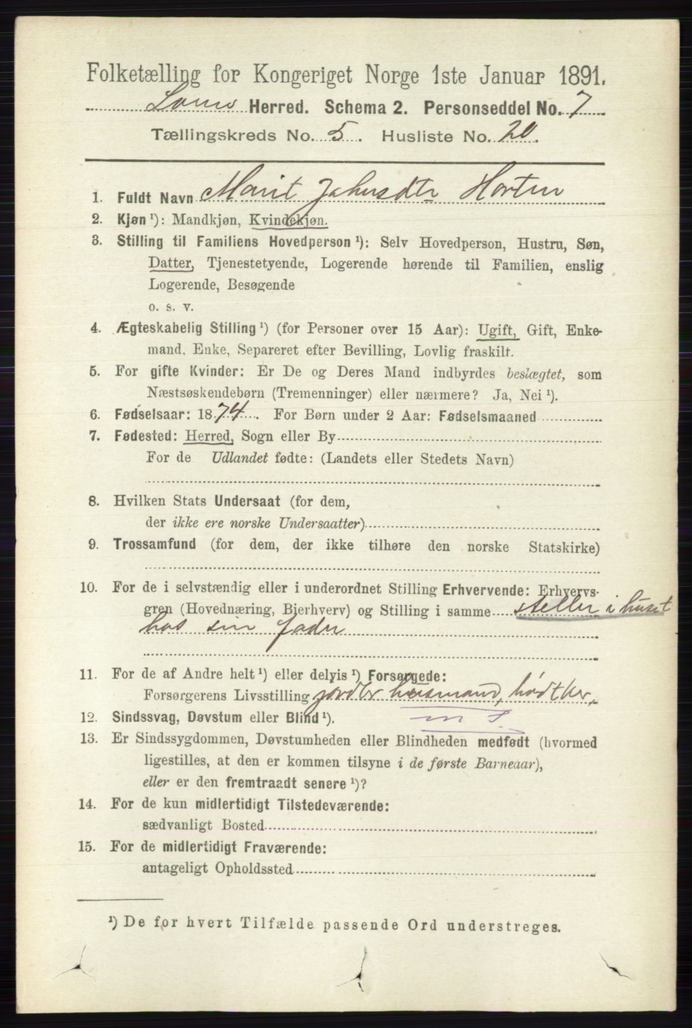 RA, 1891 census for 0514 Lom, 1891, p. 1964