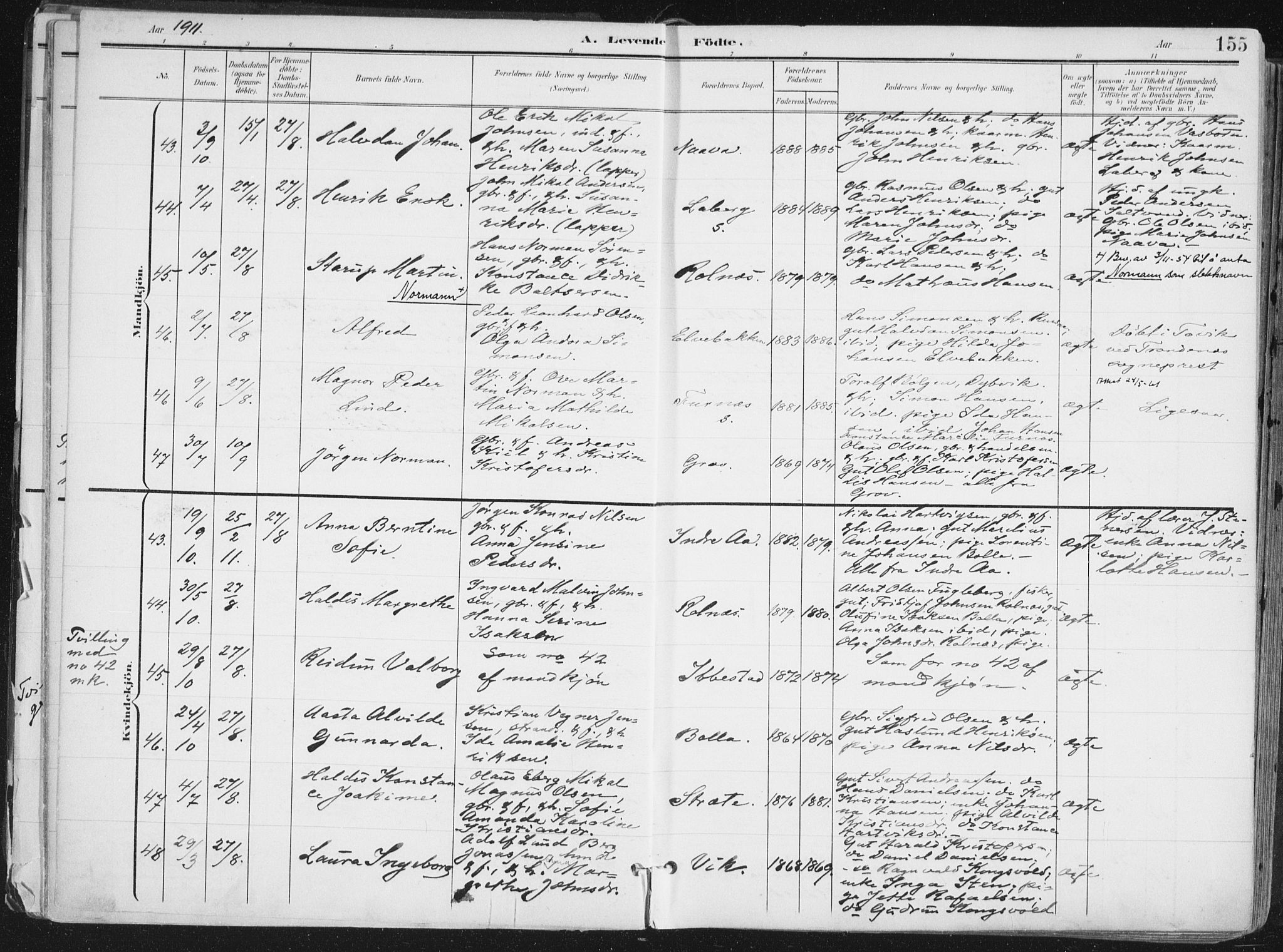 Ibestad sokneprestembete, AV/SATØ-S-0077/H/Ha/Haa/L0017kirke: Parish register (official) no. 17, 1901-1914, p. 155