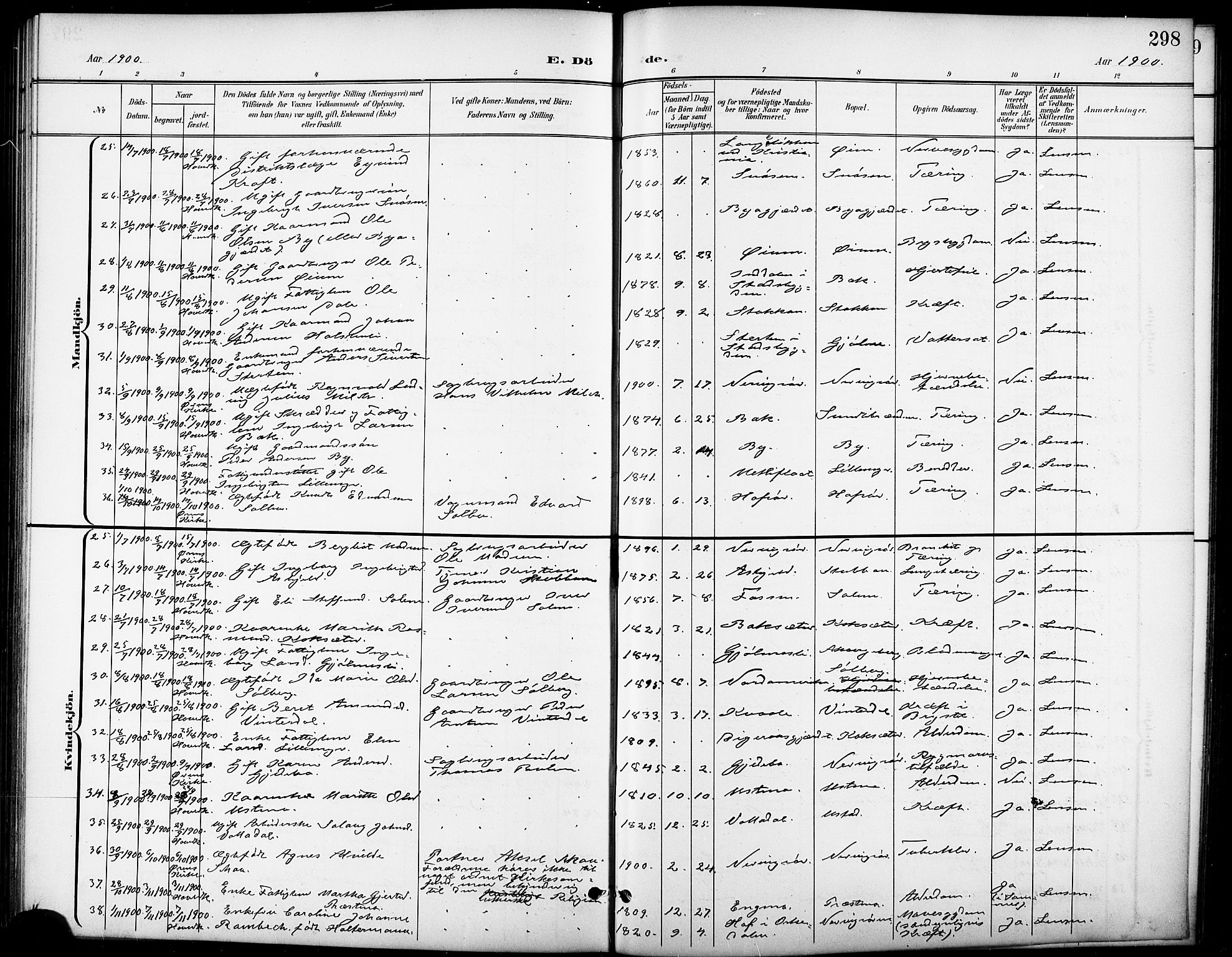 Ministerialprotokoller, klokkerbøker og fødselsregistre - Sør-Trøndelag, AV/SAT-A-1456/668/L0819: Parish register (copy) no. 668C08, 1899-1912, p. 298