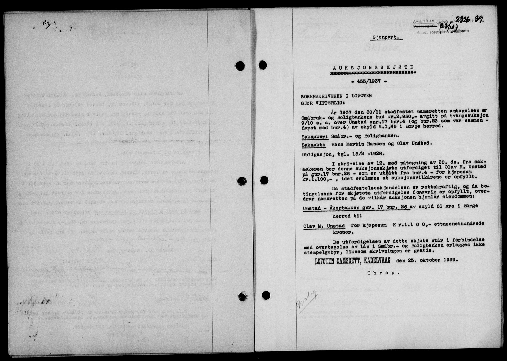 Lofoten sorenskriveri, SAT/A-0017/1/2/2C/L0006a: Mortgage book no. 6a, 1939-1939, Diary no: : 2326/1939