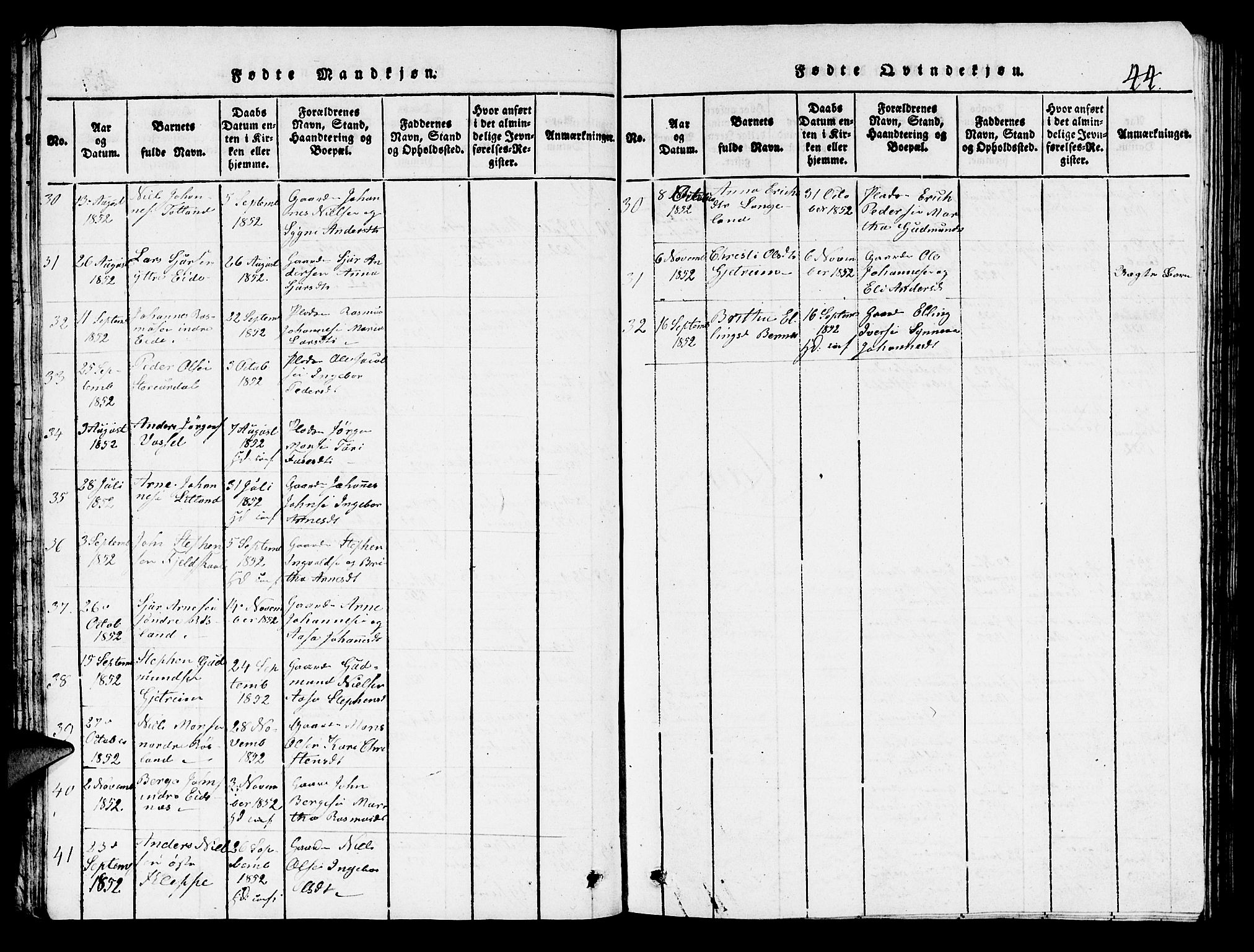 Hosanger sokneprestembete, AV/SAB-A-75801/H/Hab: Parish register (copy) no. A 1 /1, 1816-1856, p. 44