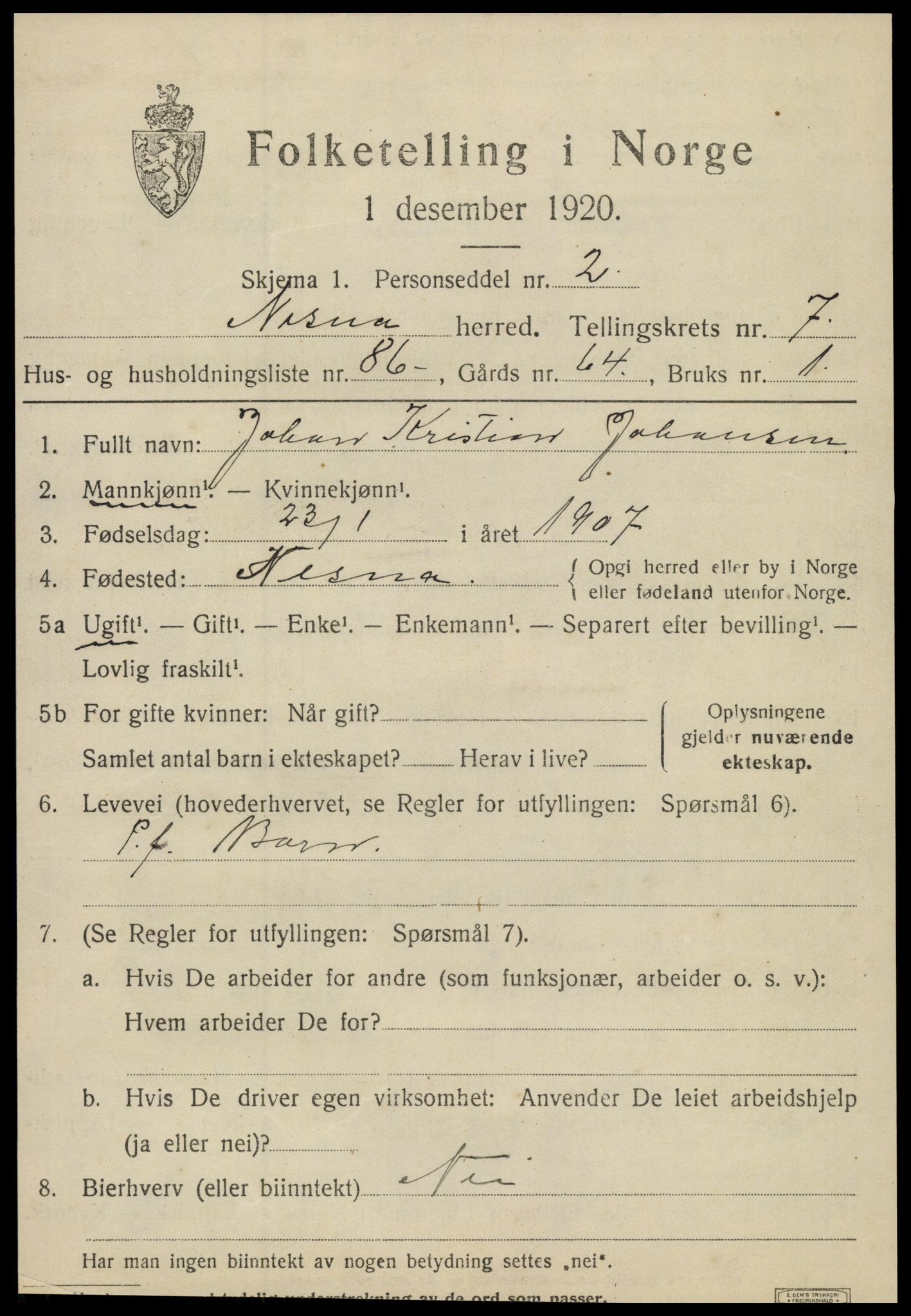 SAT, 1920 census for Nesna, 1920, p. 6549