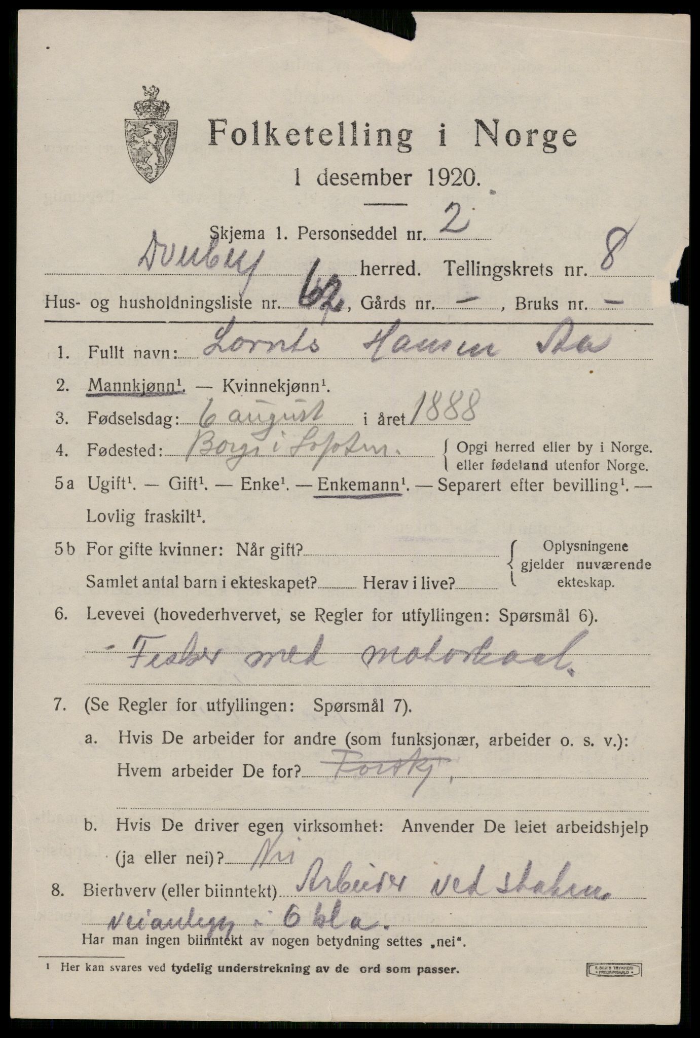 SAT, 1920 census for Dverberg, 1920, p. 7880