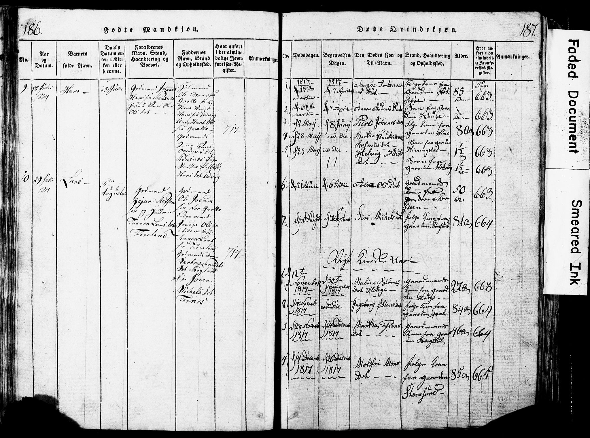 Torvastad sokneprestkontor, SAST/A -101857/H/Ha/Hab/L0002: Parish register (copy) no. B 2, 1817-1834, p. 186-187