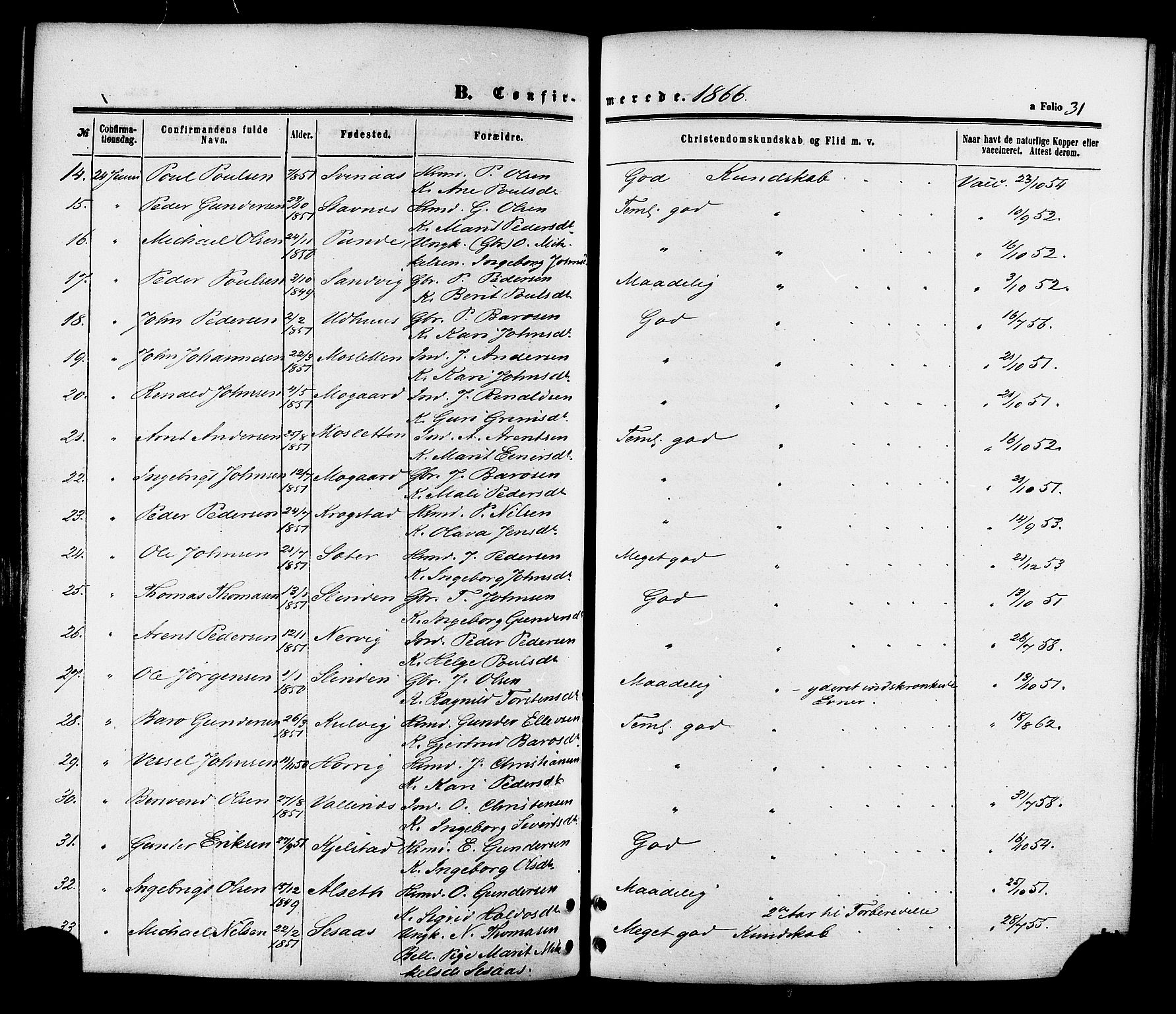 Ministerialprotokoller, klokkerbøker og fødselsregistre - Sør-Trøndelag, AV/SAT-A-1456/695/L1147: Parish register (official) no. 695A07, 1860-1877, p. 31