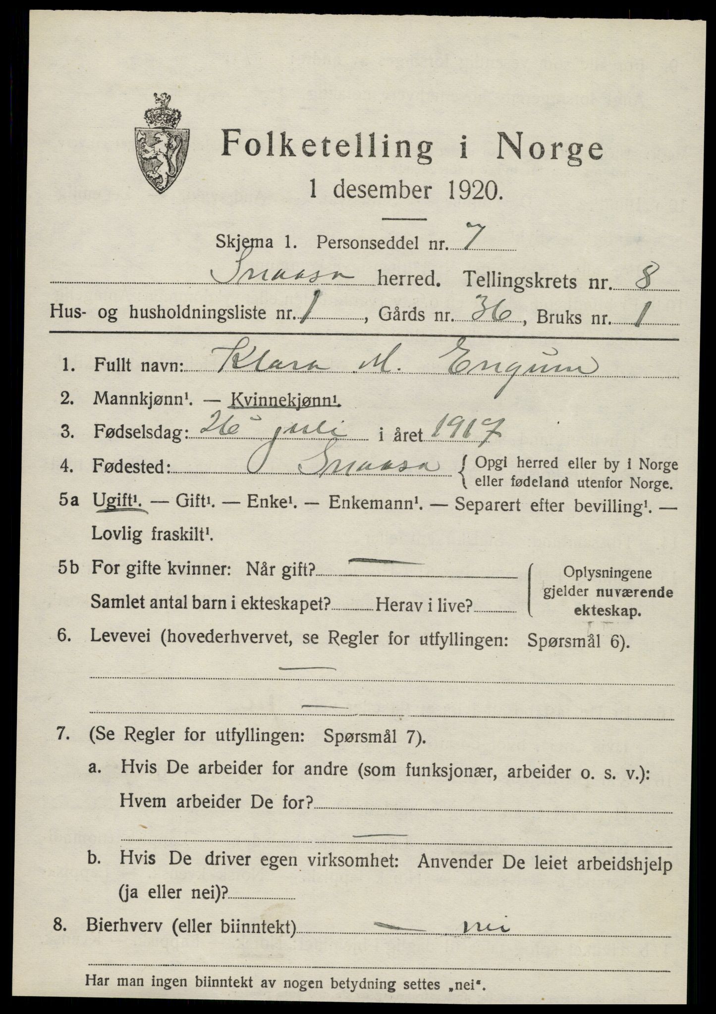 SAT, 1920 census for Snåsa, 1920, p. 3182