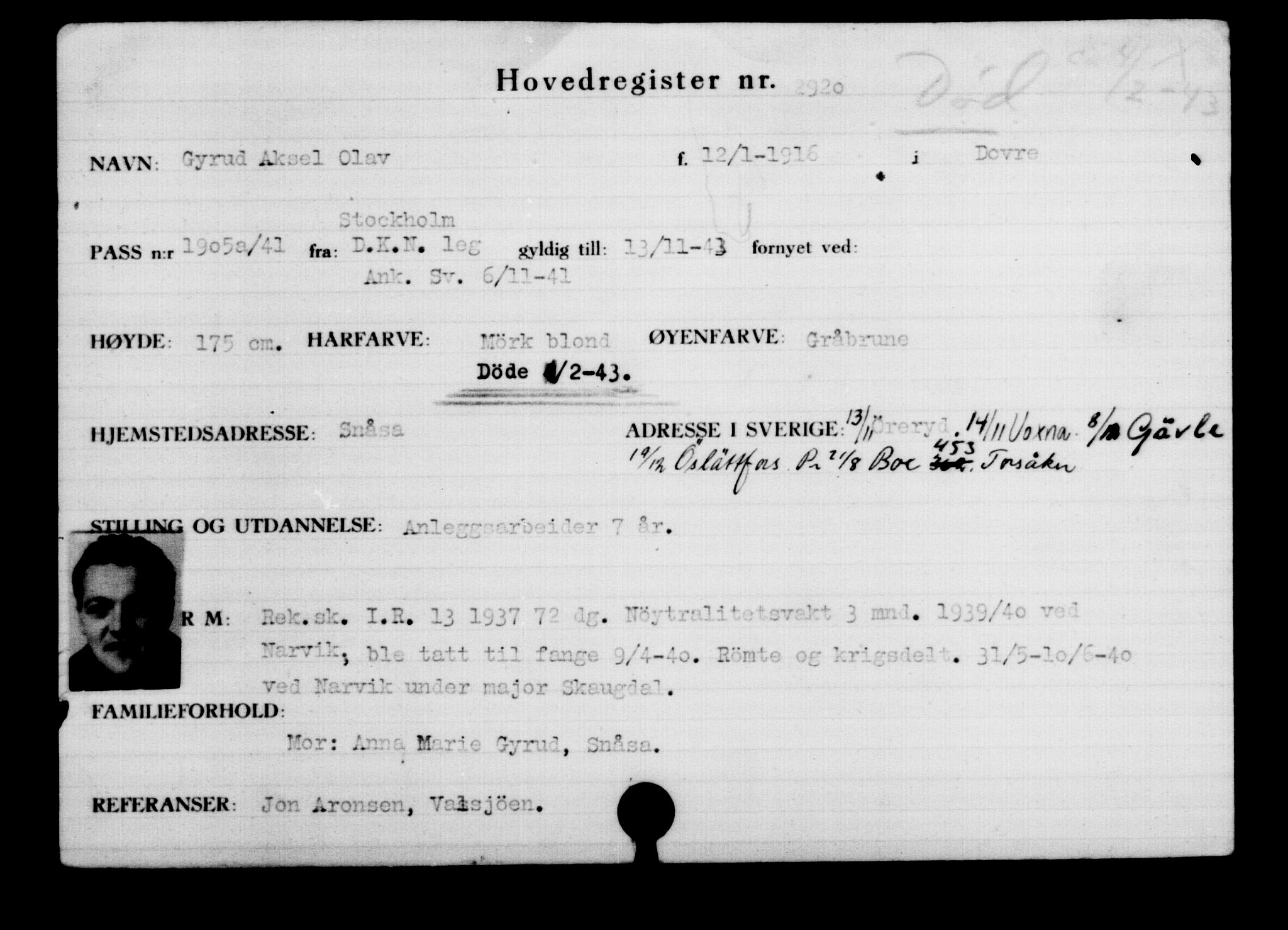 Utenriksstasjonene, Legasjonen i Stockholm, Flyktningkontoret, AV/RA-S-6753/V/Va/L0003: Kjesäterkartoteket, flyktninger med registreringsnr. 2001-3495, 1940-1945, p. 1323