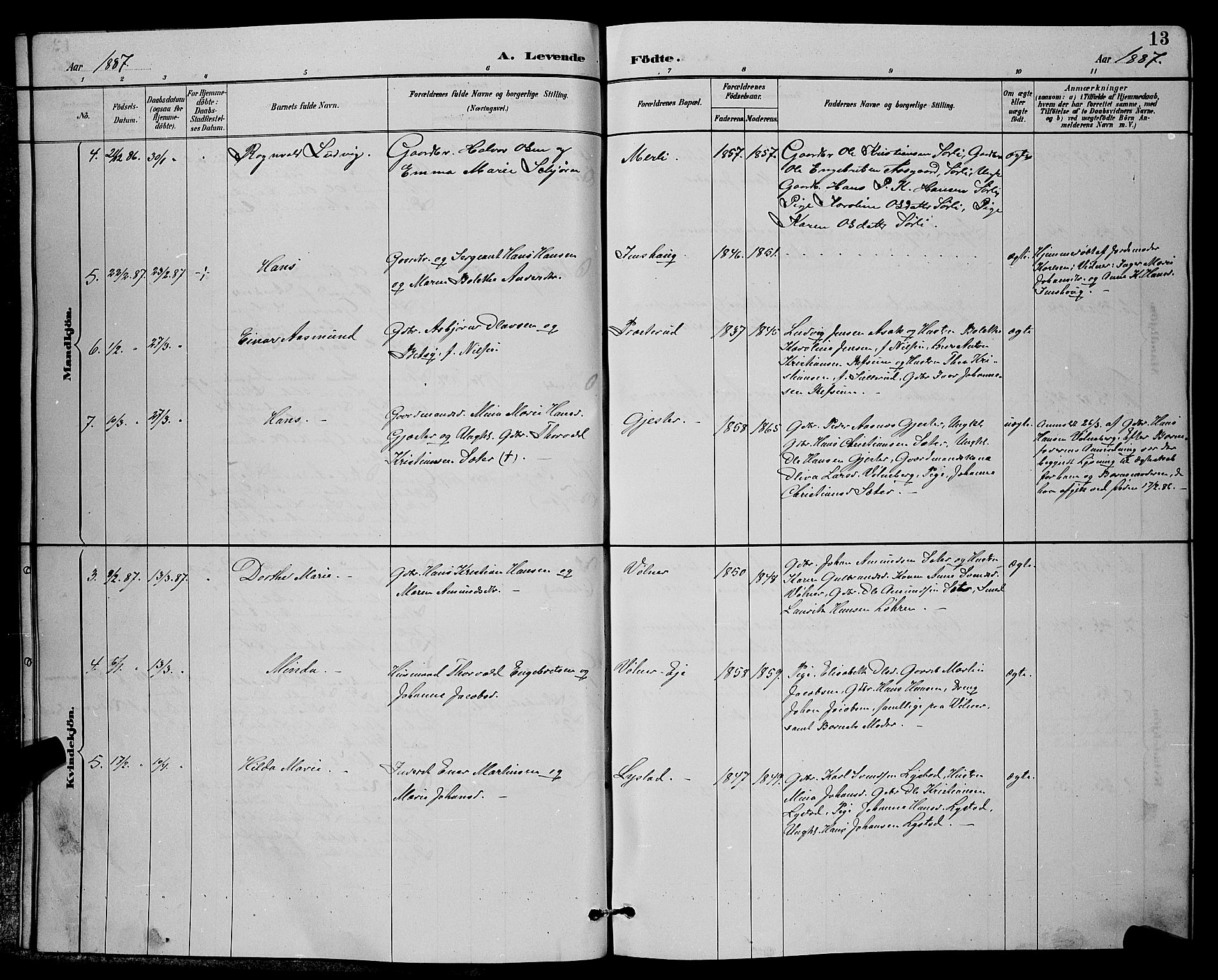 Sørum prestekontor Kirkebøker, SAO/A-10303/G/Ga/L0005: Parish register (copy) no. I 5.1, 1886-1894, p. 13
