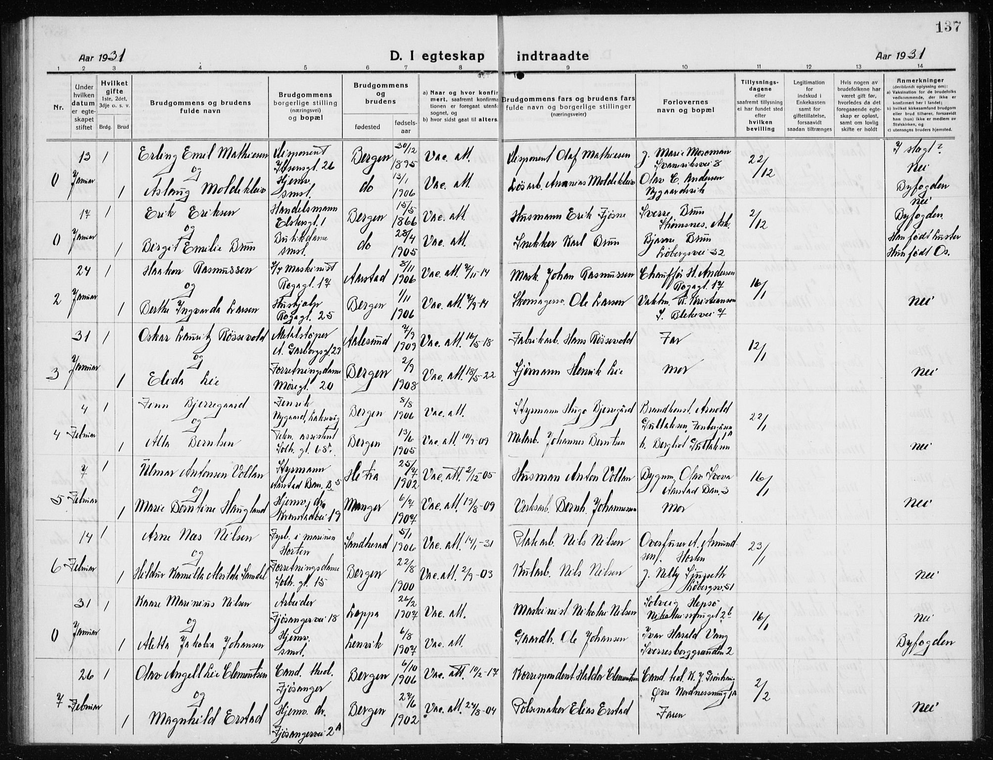 Årstad Sokneprestembete, AV/SAB-A-79301/H/Hab/L0020: Parish register (copy) no. C  2, 1920-1935, p. 137