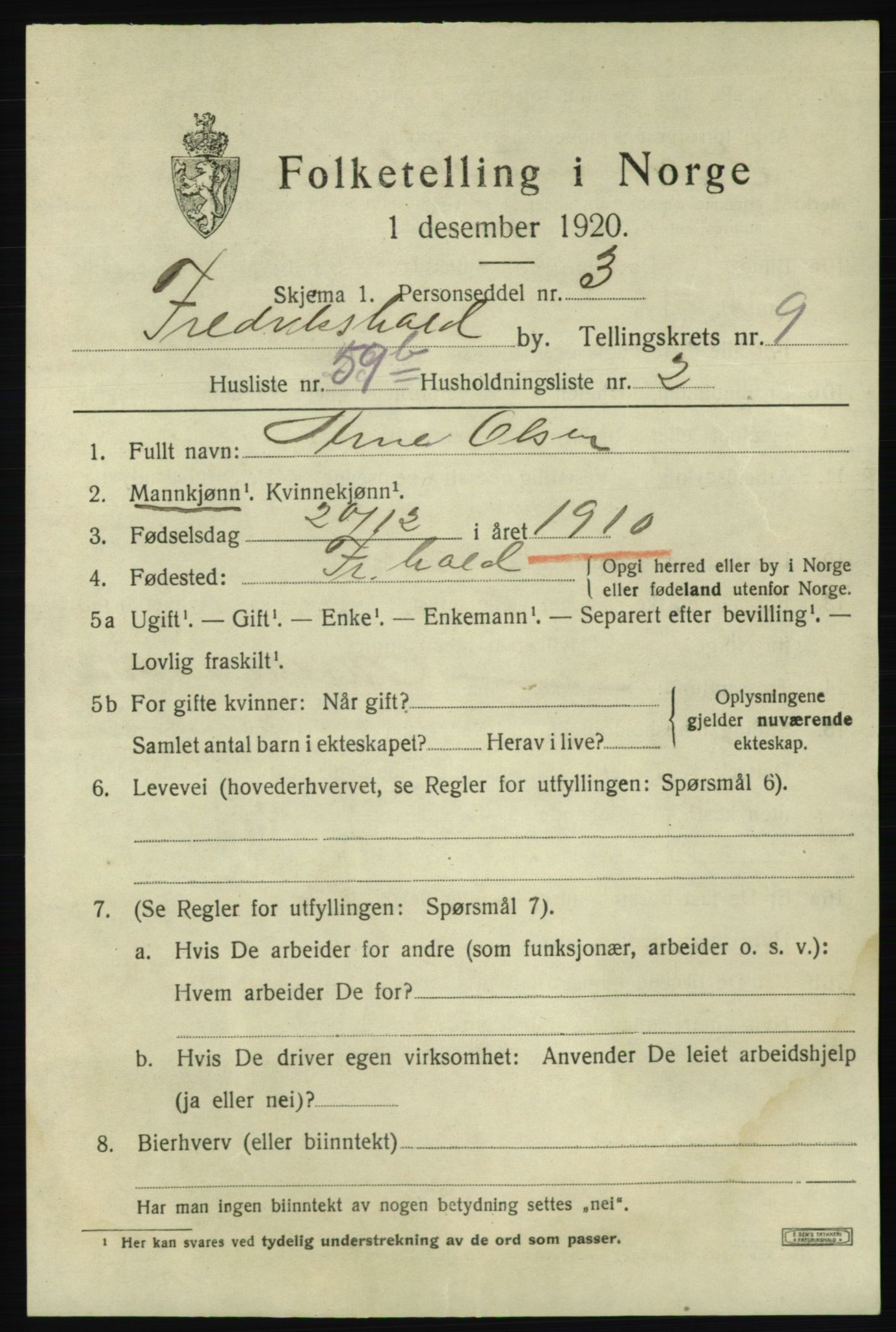 SAO, 1920 census for Fredrikshald, 1920, p. 17403