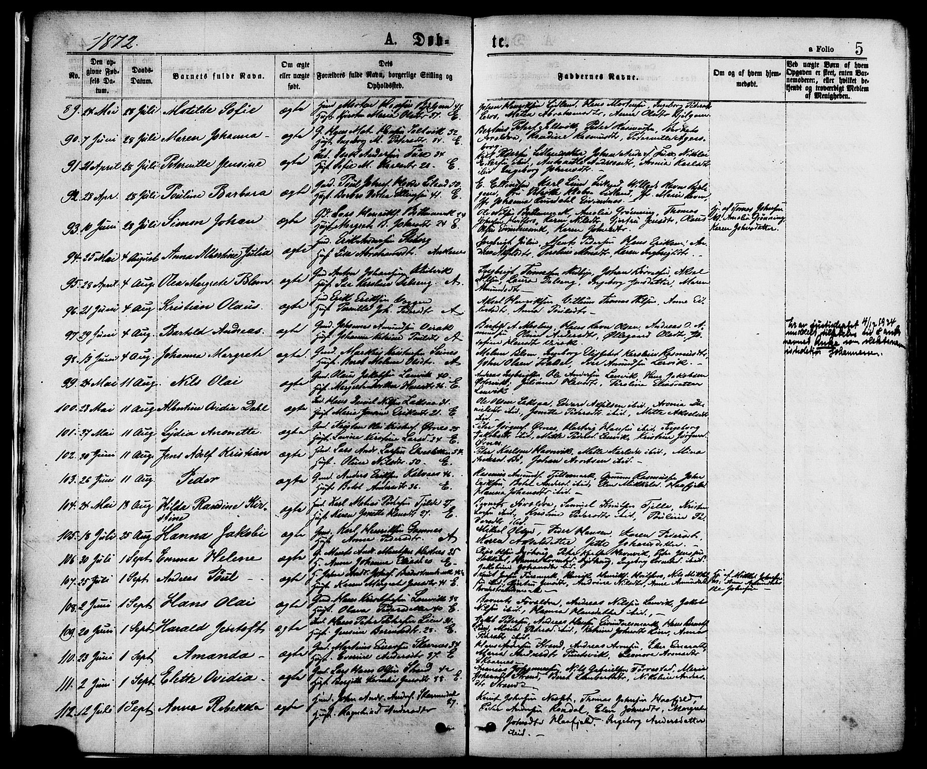 Ministerialprotokoller, klokkerbøker og fødselsregistre - Nordland, SAT/A-1459/863/L0897: Parish register (official) no. 863A09, 1872-1886, p. 5