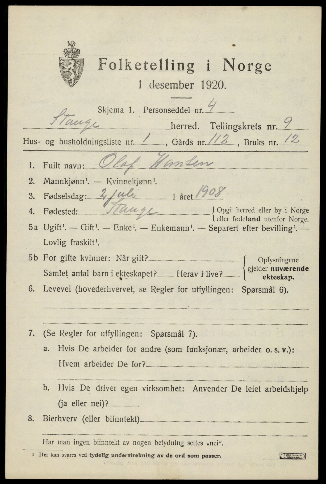 SAH, 1920 census for Stange, 1920, p. 14587