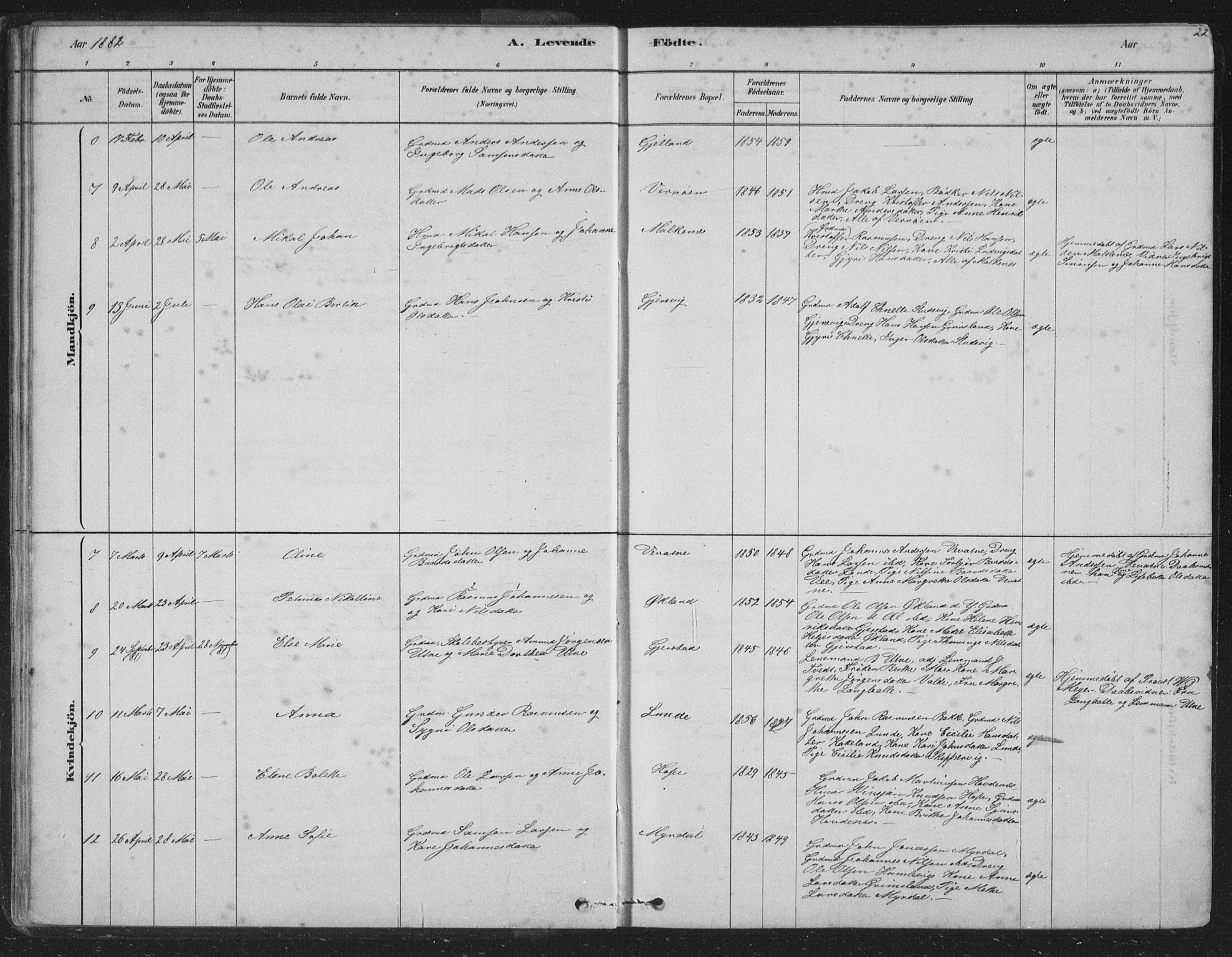 Tysnes sokneprestembete, AV/SAB-A-78601/H/Hab: Parish register (copy) no. B 2, 1878-1918, p. 22