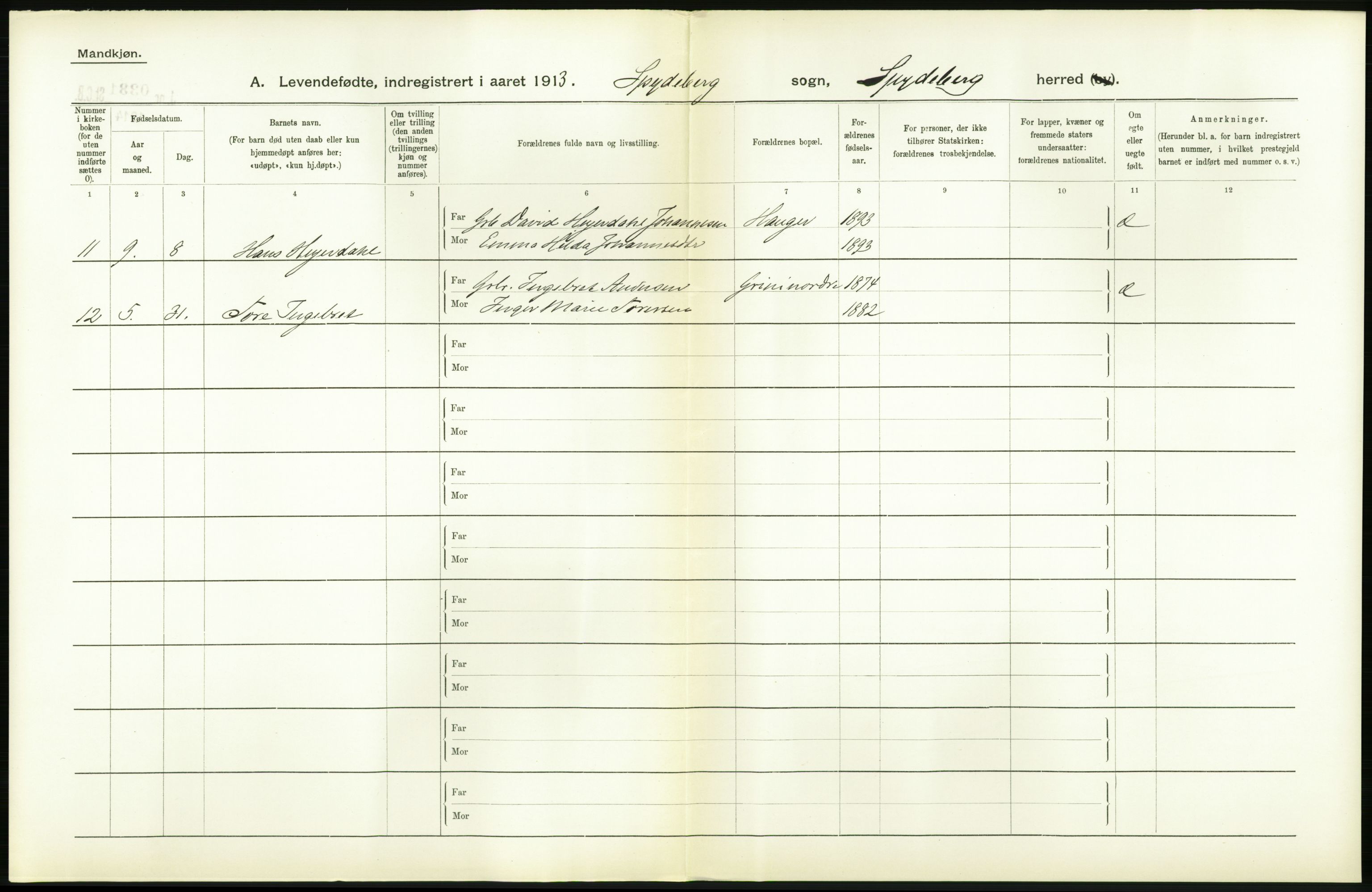 Statistisk sentralbyrå, Sosiodemografiske emner, Befolkning, AV/RA-S-2228/D/Df/Dfb/Dfbc/L0001: Smålenenes amt: Levendefødte menn og kvinner. Bygder., 1913, p. 92