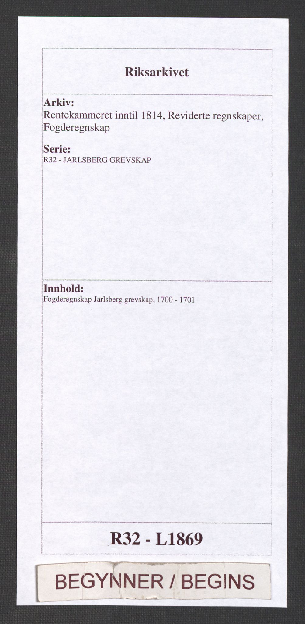 Rentekammeret inntil 1814, Reviderte regnskaper, Fogderegnskap, AV/RA-EA-4092/R32/L1869: Fogderegnskap Jarlsberg grevskap, 1700-1701, p. 1