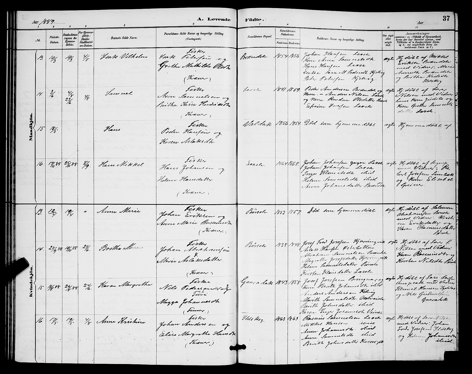 Kistrand/Porsanger sokneprestembete, AV/SATØ-S-1351/H/Hb/L0004.klokk: Parish register (copy) no. 4, 1885-1894, p. 37