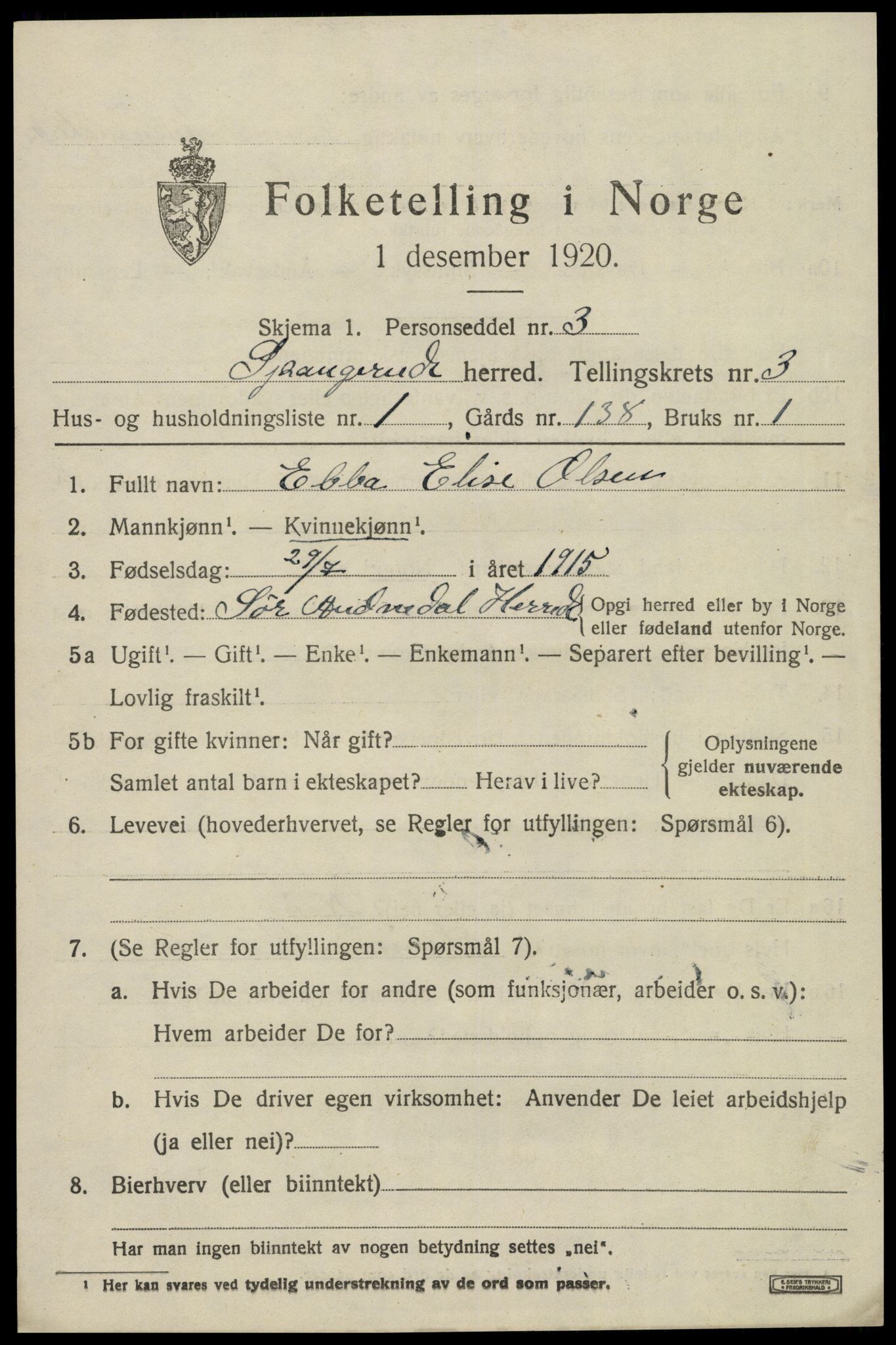 SAK, 1920 census for Spangereid, 1920, p. 1439