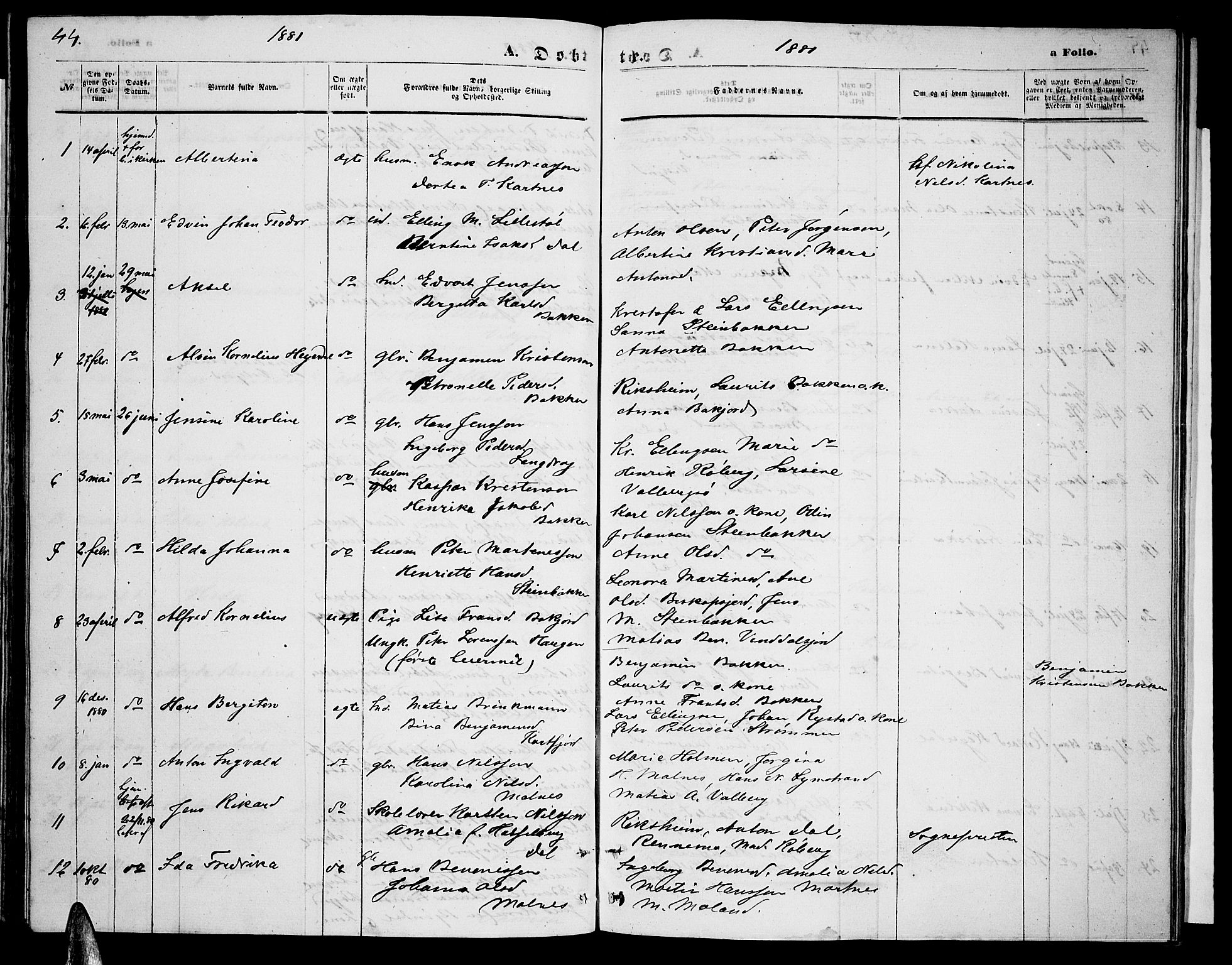 Ministerialprotokoller, klokkerbøker og fødselsregistre - Nordland, AV/SAT-A-1459/884/L1196: Parish register (copy) no. 884C02, 1860-1887, p. 44