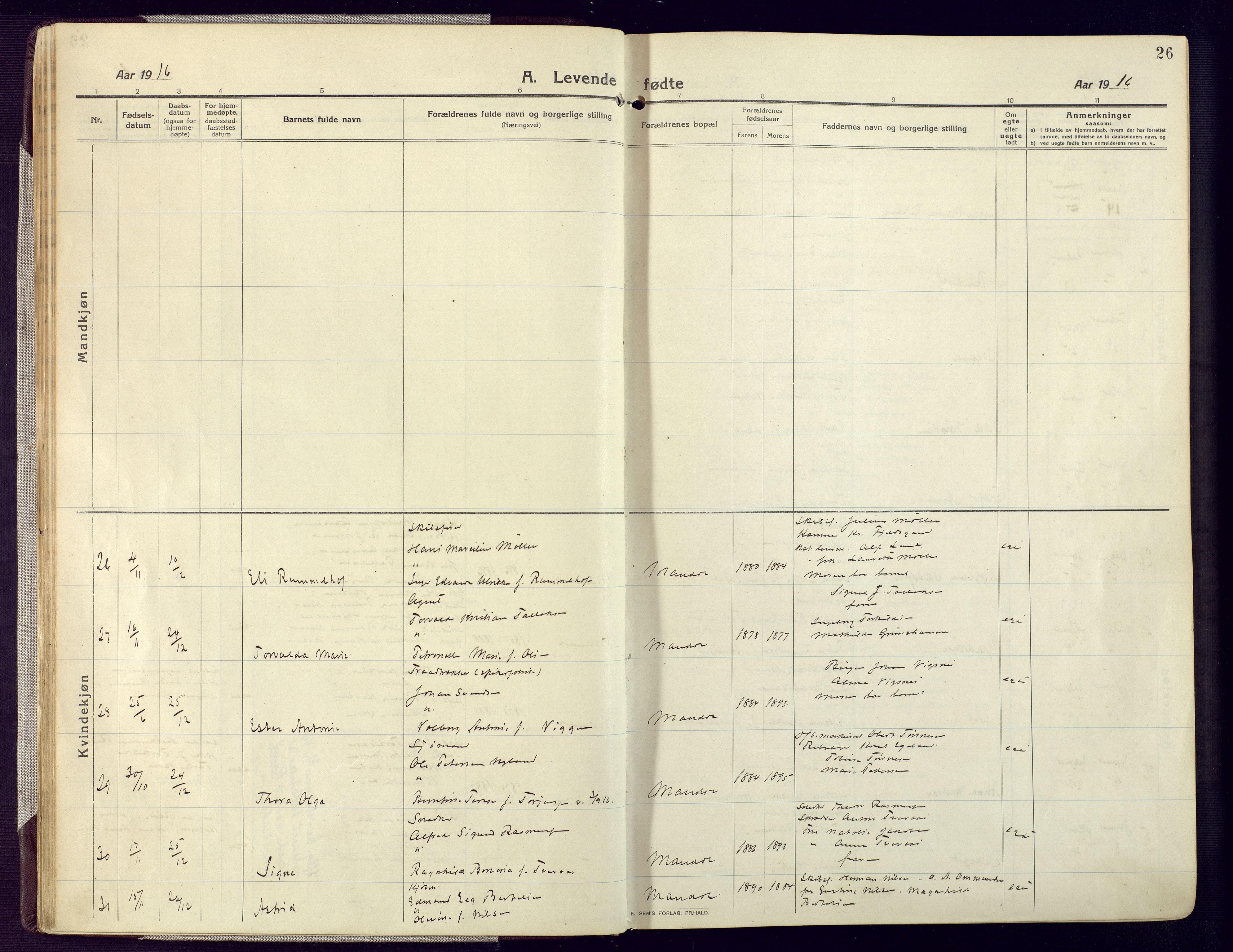 Mandal sokneprestkontor, AV/SAK-1111-0030/F/Fa/Fac/L0001: Parish register (official) no. A 1, 1913-1925, p. 26