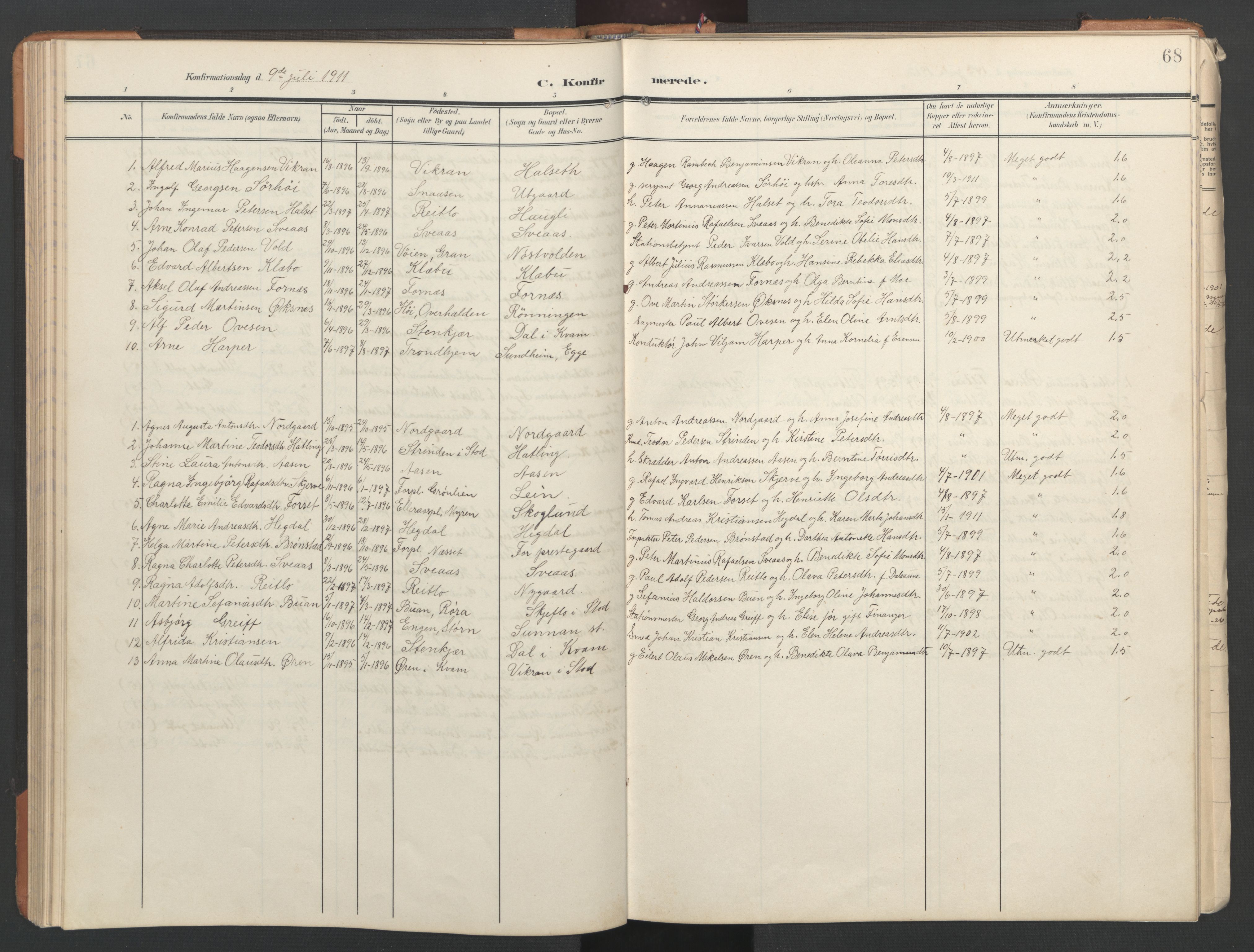 Ministerialprotokoller, klokkerbøker og fødselsregistre - Nord-Trøndelag, SAT/A-1458/746/L0455: Parish register (copy) no. 746C01, 1908-1933, p. 68