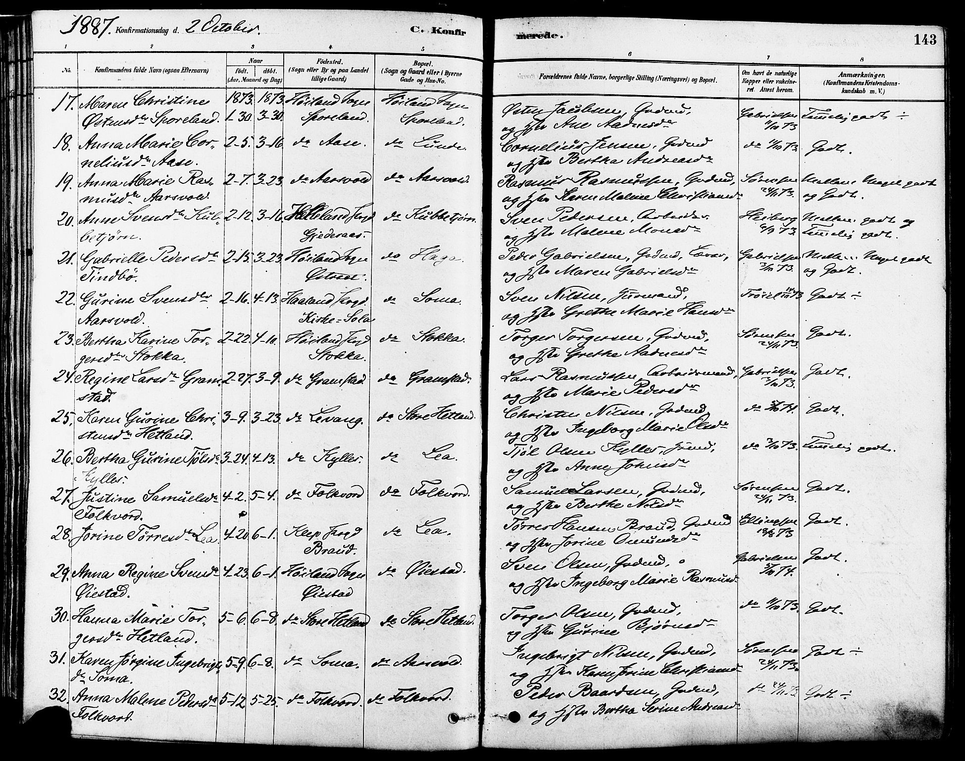 Høyland sokneprestkontor, SAST/A-101799/001/30BA/L0011: Parish register (official) no. A 10, 1878-1888, p. 143