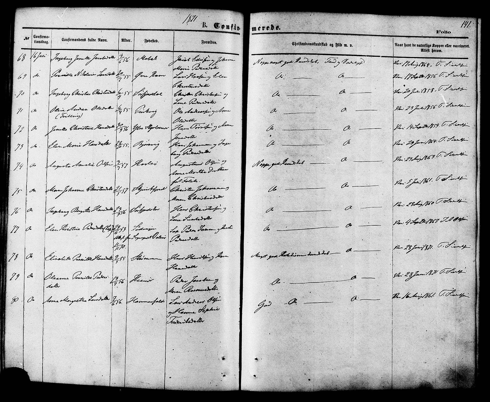 Ministerialprotokoller, klokkerbøker og fødselsregistre - Nordland, AV/SAT-A-1459/853/L0771: Parish register (official) no. 853A10, 1870-1881, p. 141