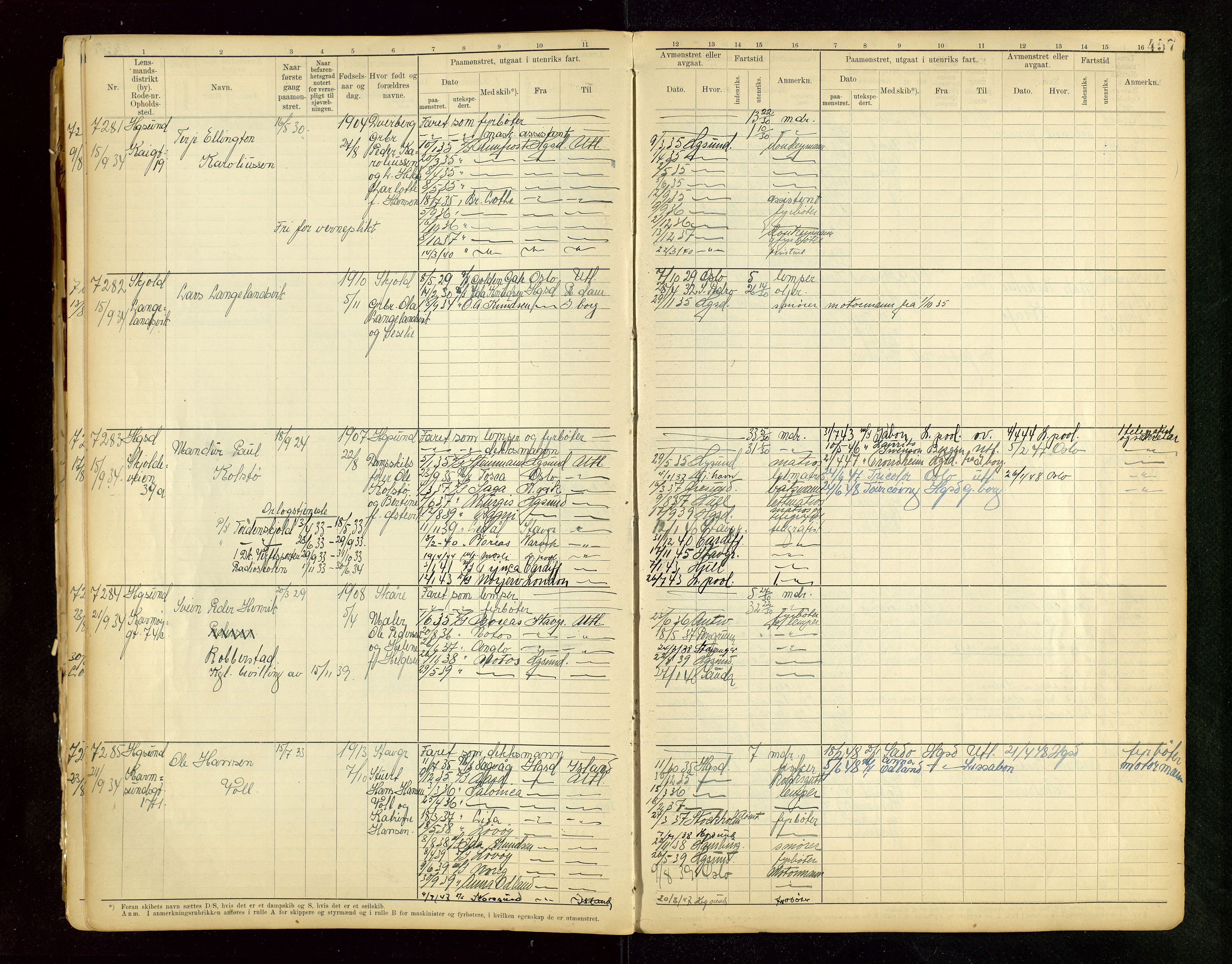 Haugesund sjømannskontor, SAST/A-102007/F/Fb/Fbb/L0015: Sjøfartsrulle A Haugesund krets I nr 5001-8970, 1912-1948, p. 457