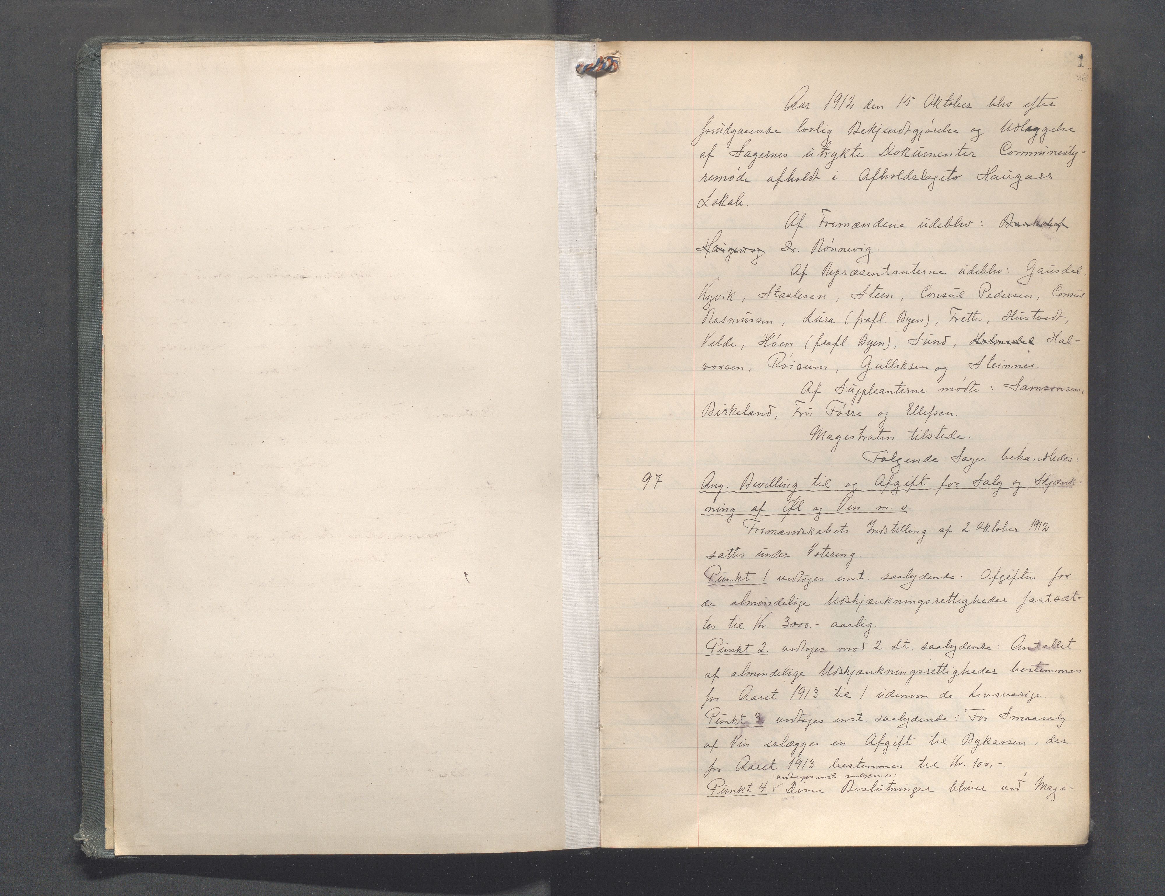 Haugesund kommune - Formannskapet og Bystyret, IKAR/A-740/A/Aba/L0001: Forhandlingsprotokoller Bystyre, 1912-1917, p. 1