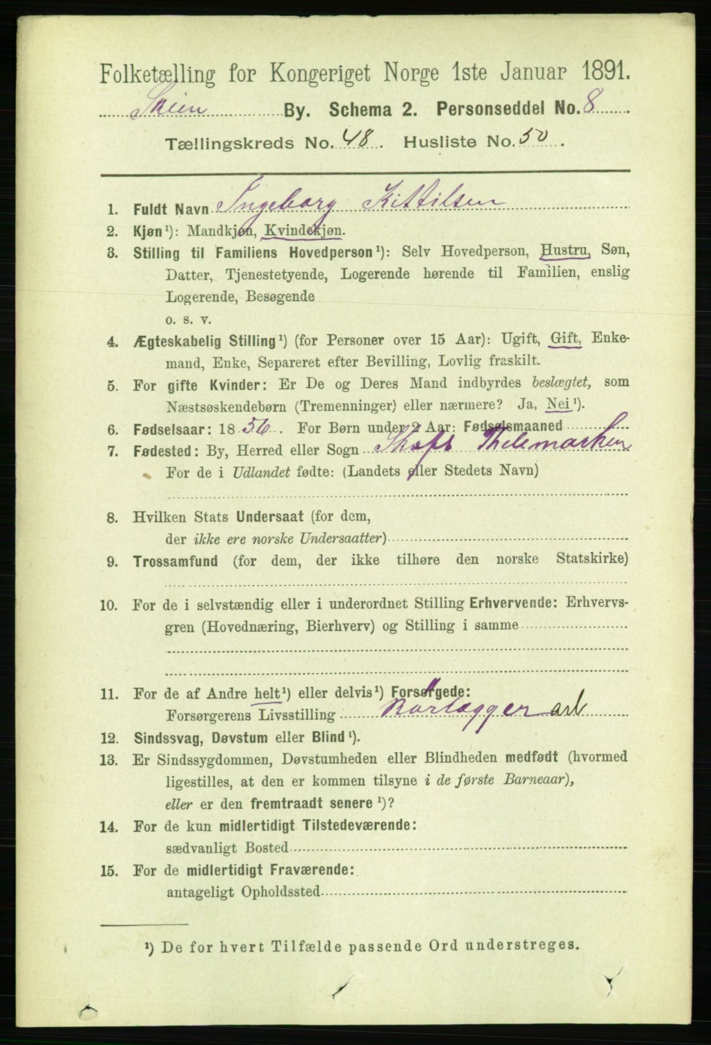 RA, 1891 census for 0806 Skien, 1891, p. 10285